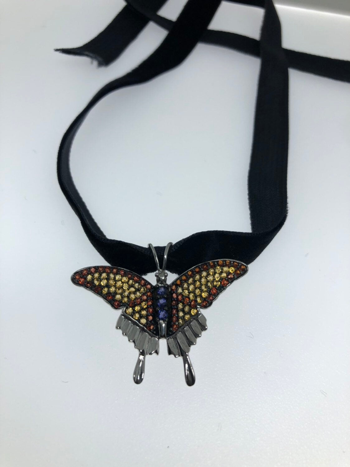Handmade 925 Sterling Silver Vintage Genuine Gemstone Butterfly Choker