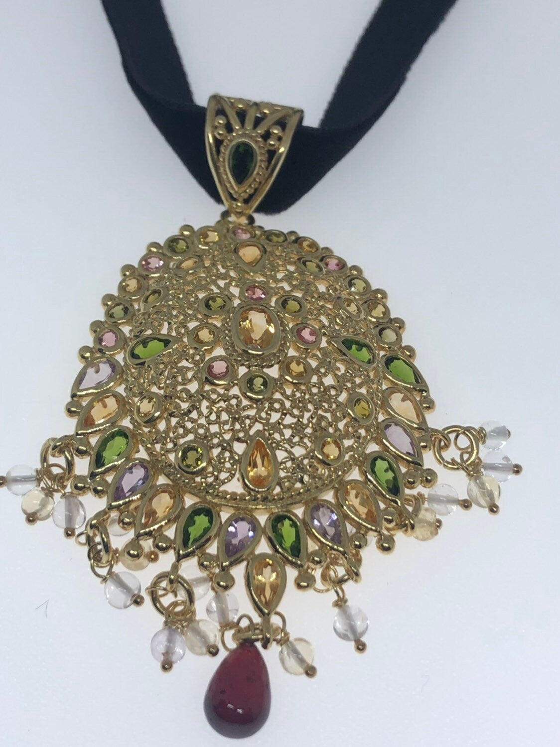 Vintage Handmade Golden 925 Sterling Silver Genuine Mixed Gemstone tourmaline Antique Pendant Necklace