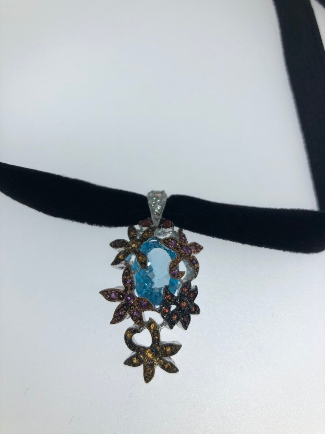 Vintage Handmade 925 Sterling Silver Genuine Mixed Gemstone and Blue Topaz Antique Pendant Necklace