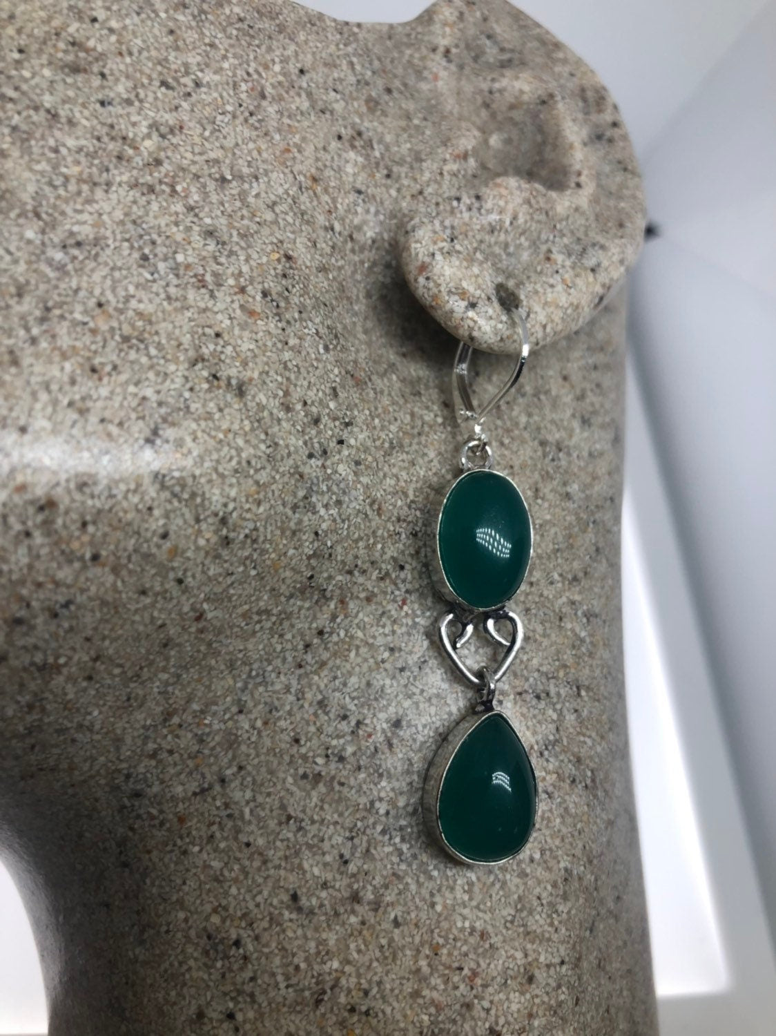 Antique Vintage Green Chrysoprase Silver Dangle Earrings