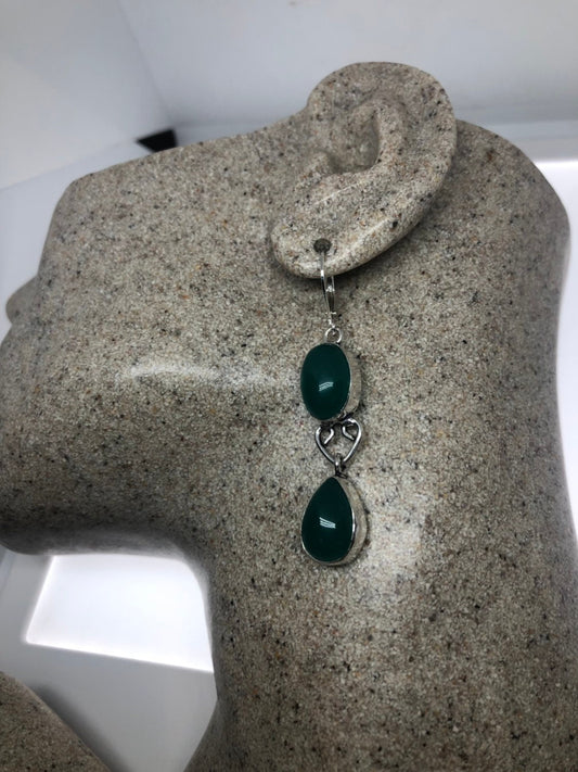 Antique Vintage Green Chrysoprase Silver Dangle Earrings