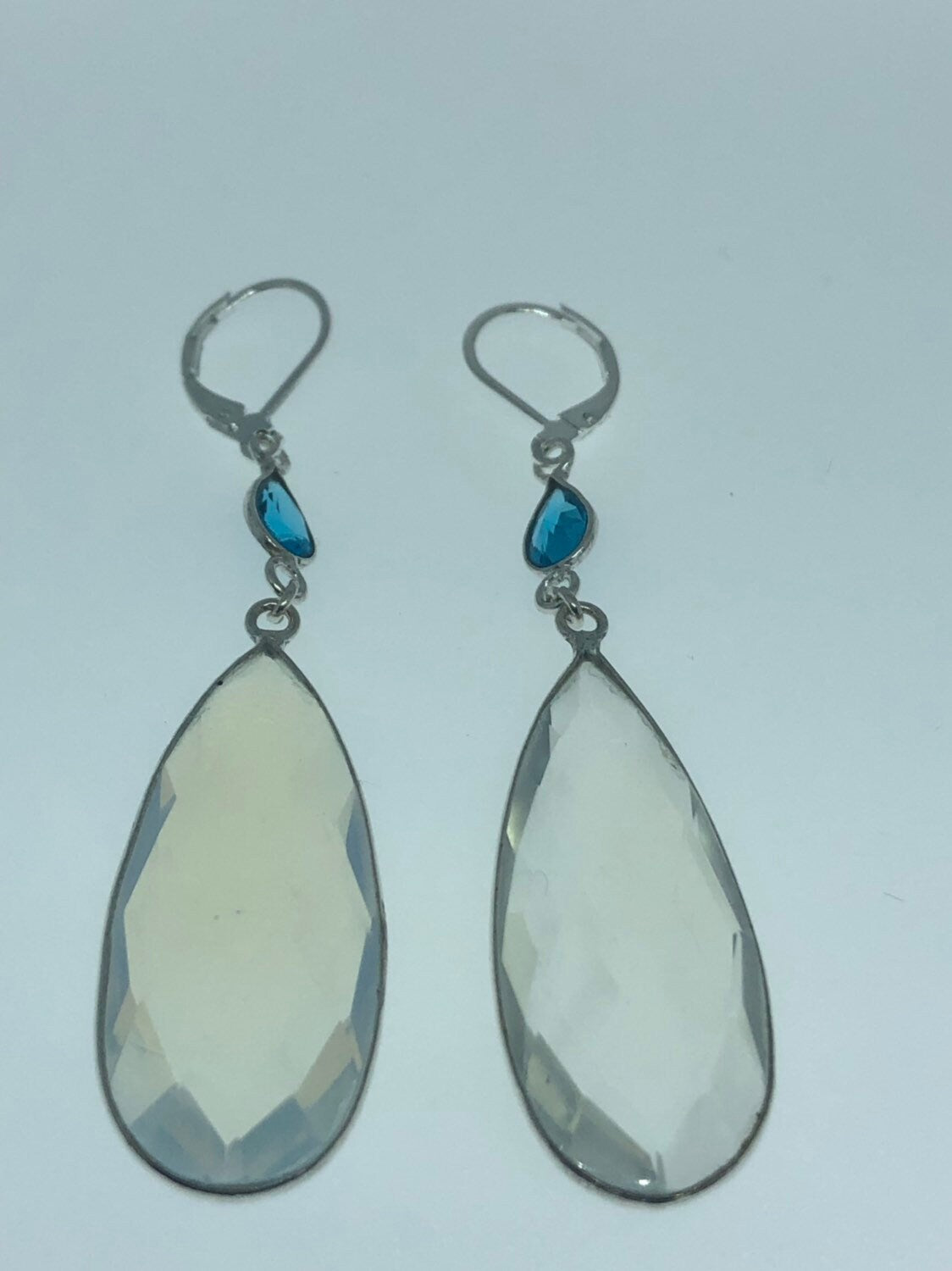 Antique Vintage Blue White Opal Glass Silver Dangle Earrings