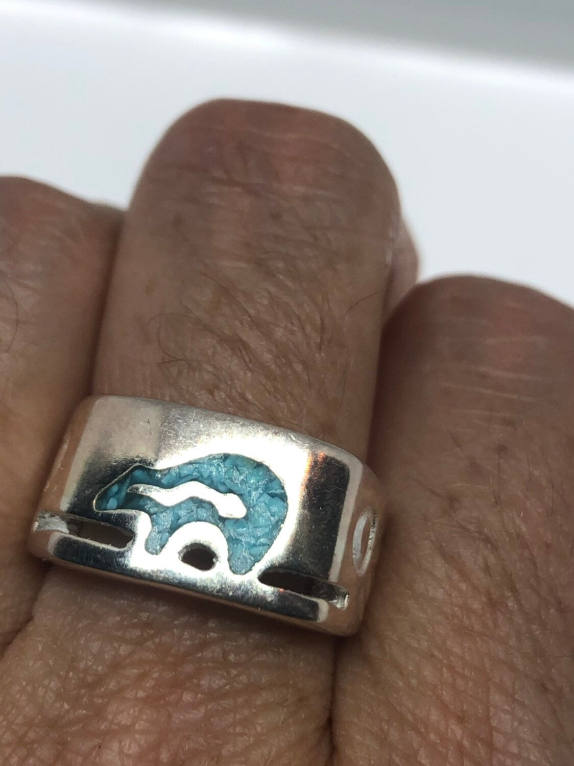 Vintage Native American Style Southwestern Turquoise Stone Inlay Mens Bear Ring