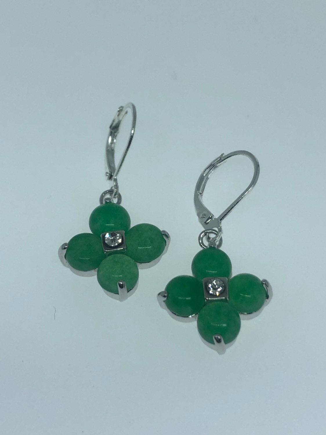 Vintage Fun Green Jade Gemstone Silver Bronze Earrings