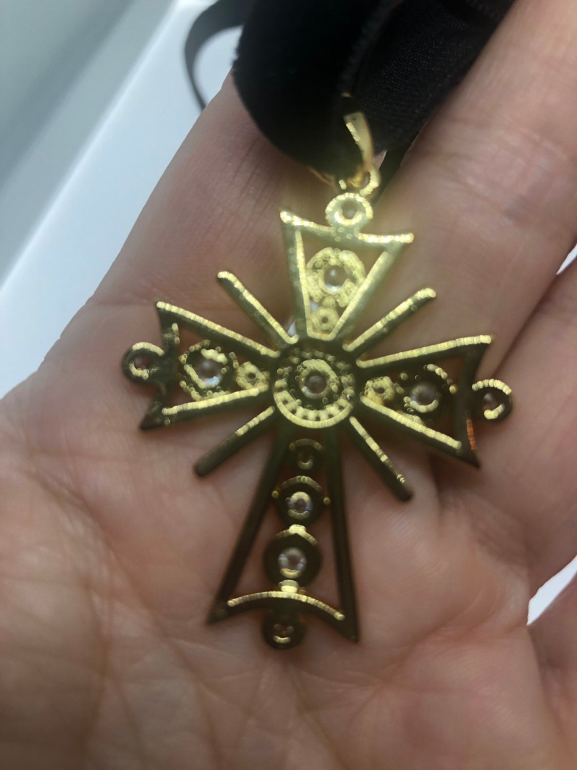 Vintage Crystal Cross Amulet Golden White Bronze Pendant