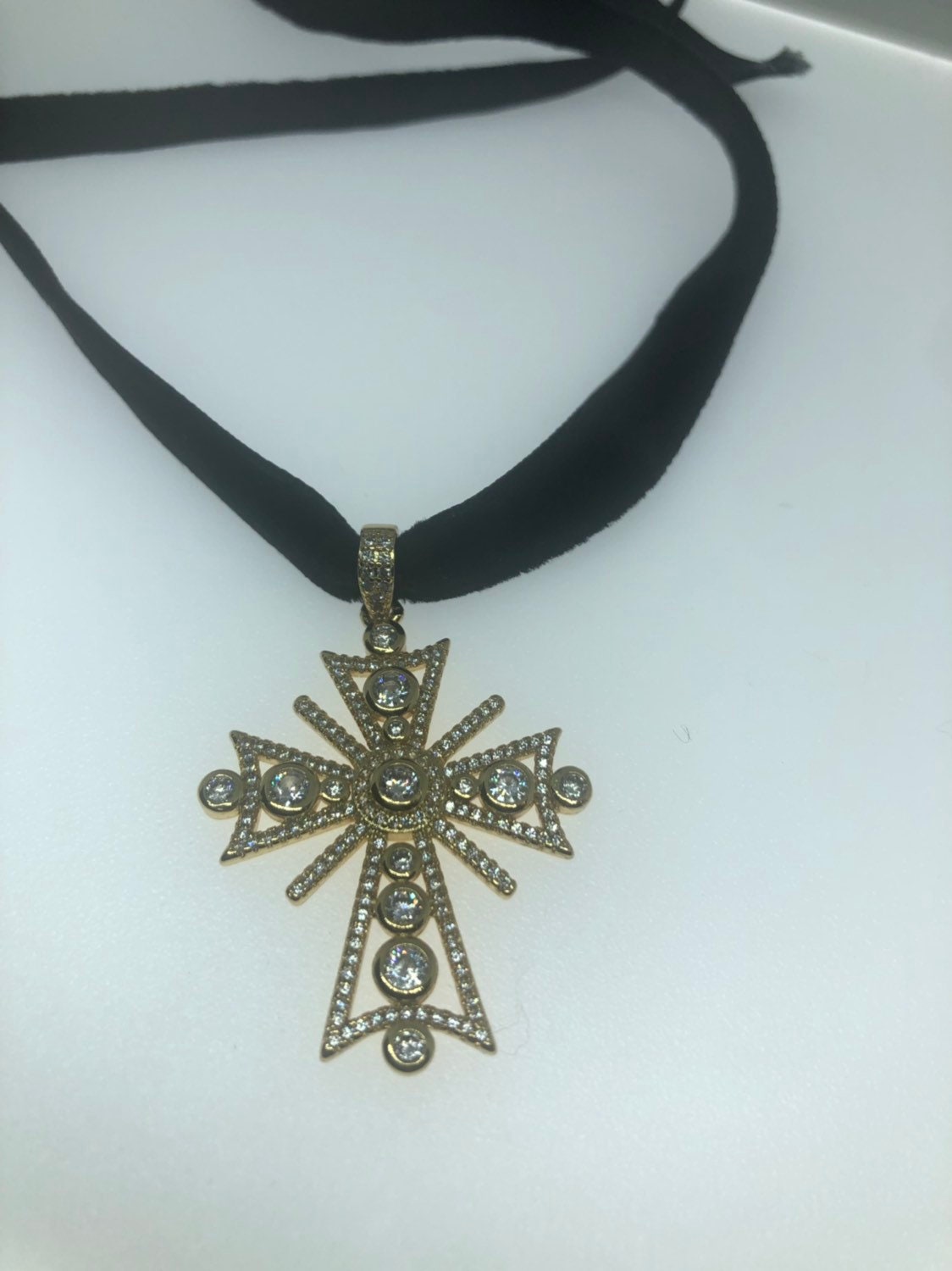 Vintage Crystal Cross Amulet Golden White Bronze Pendant