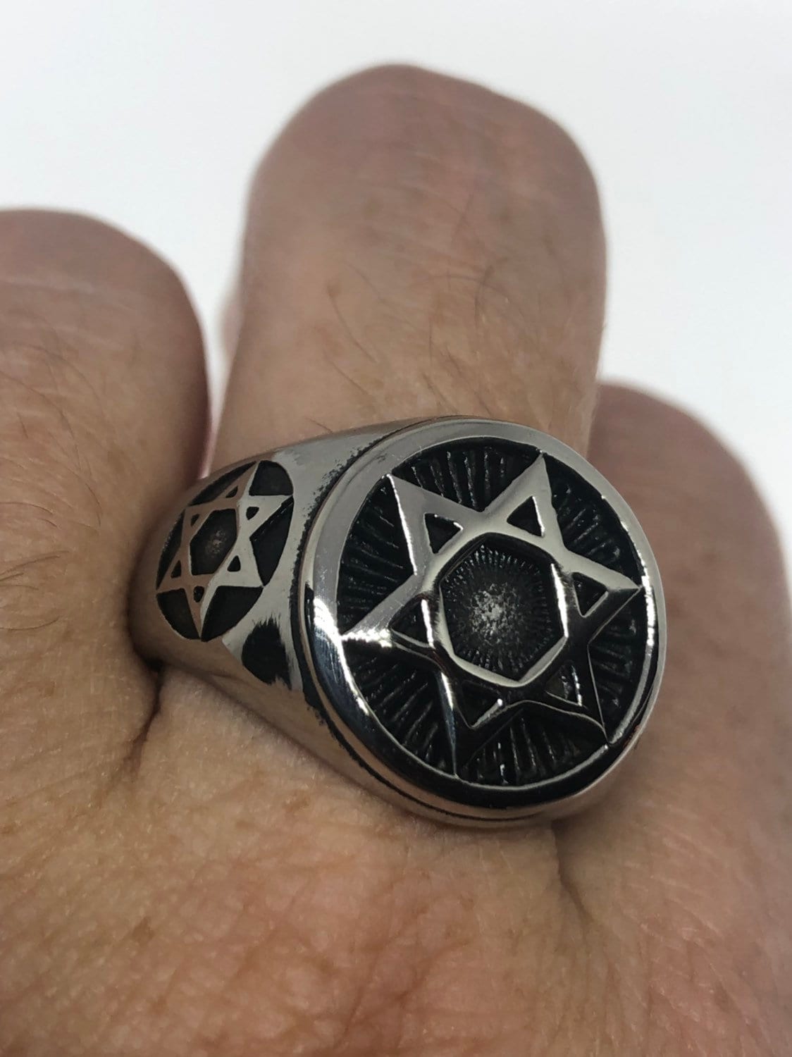 Vintage Stainless Steel Star of David Mens Ring