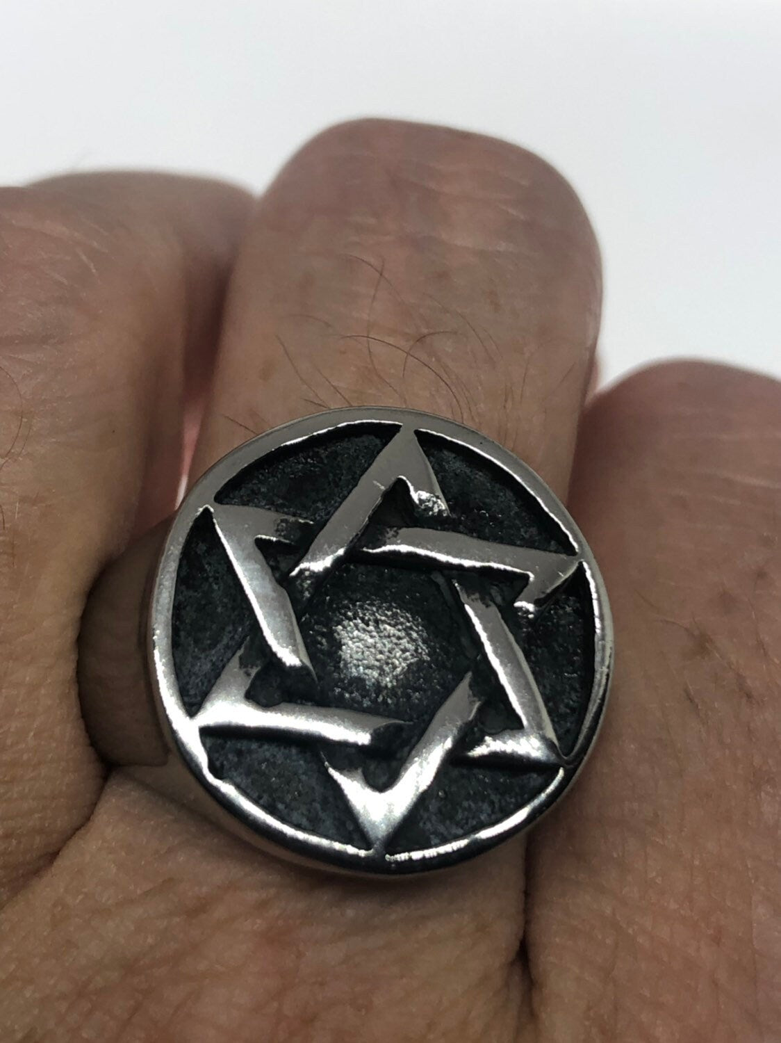 Vintage Stainless Steel Star of David Mens Ring