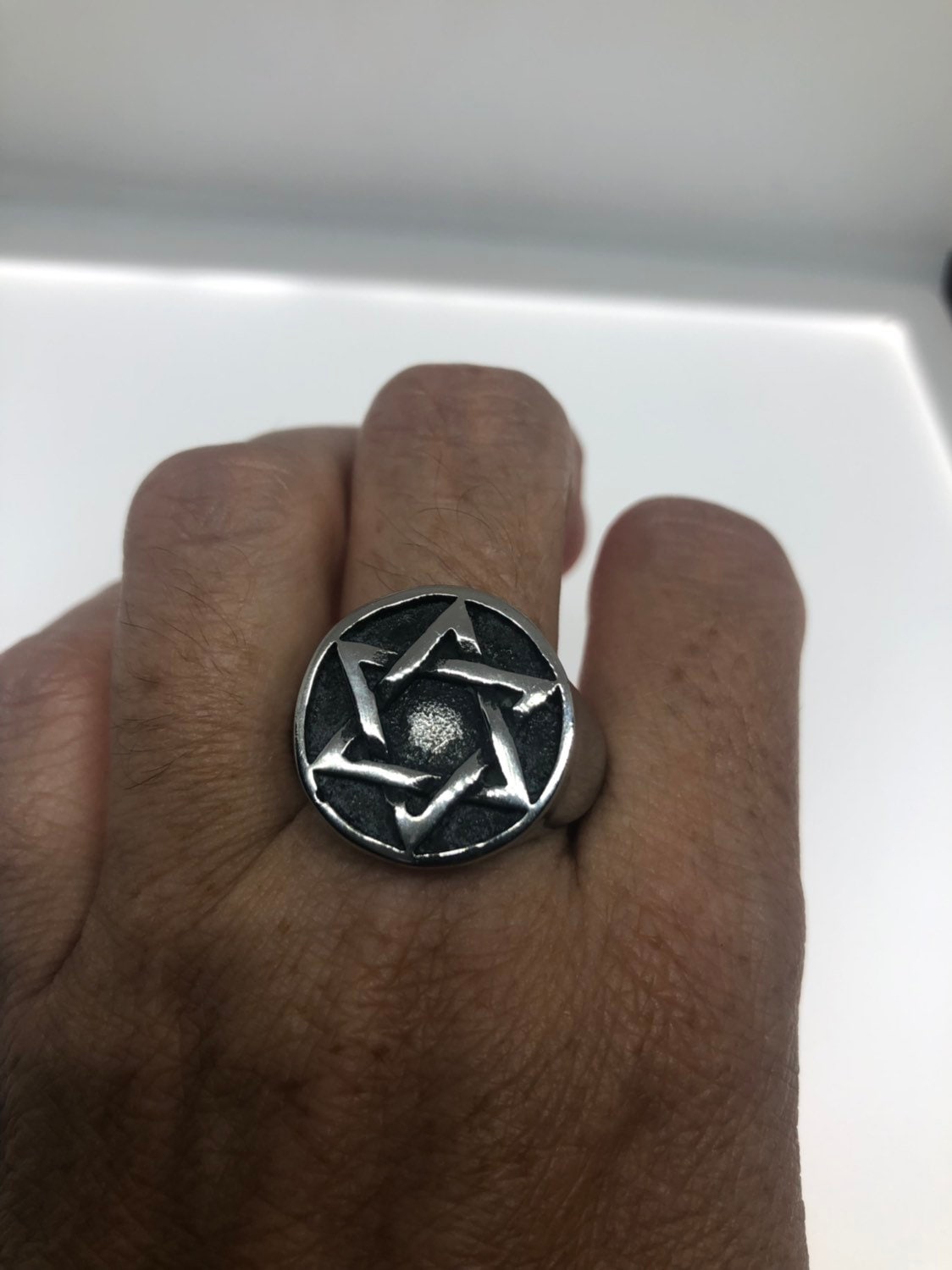 Vintage Stainless Steel Star of David Mens Ring