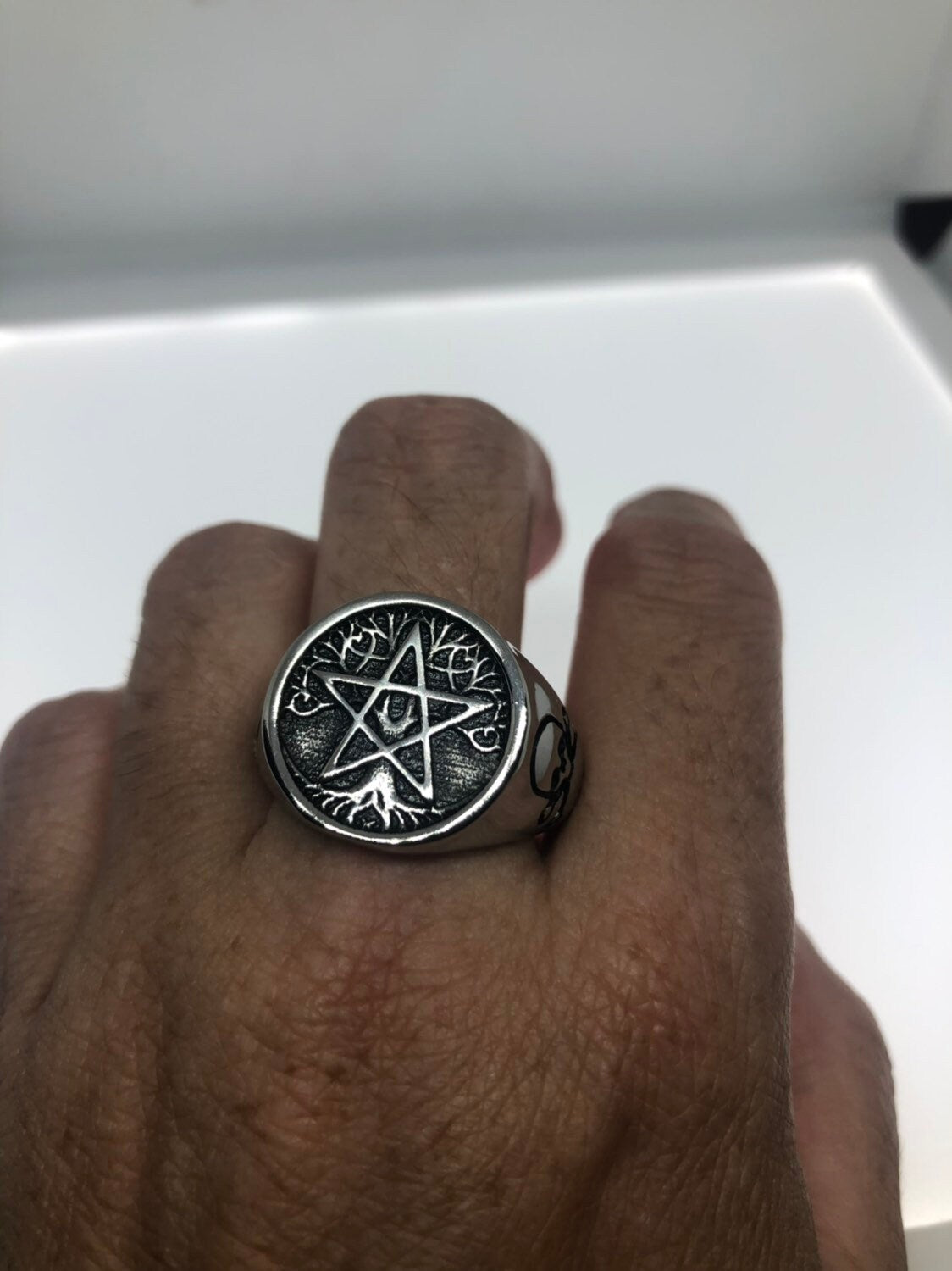 Vintage Gothic Silver Stainless Steel Pentacle Star Mens Ring