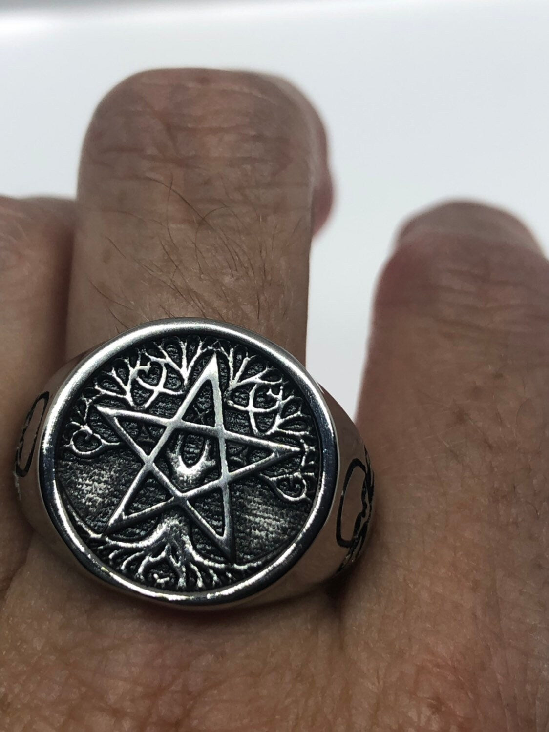 Vintage Gothic Silver Stainless Steel Pentacle Star Mens Ring