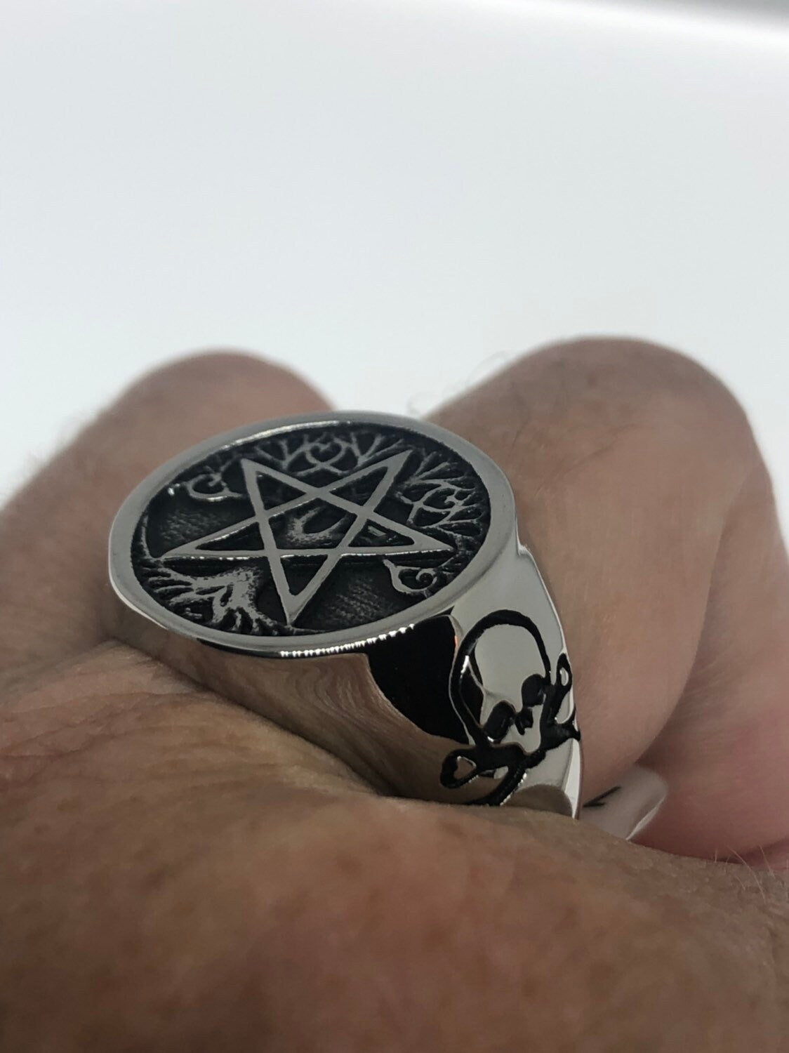 Vintage Gothic Silver Stainless Steel Pentacle Star Mens Ring
