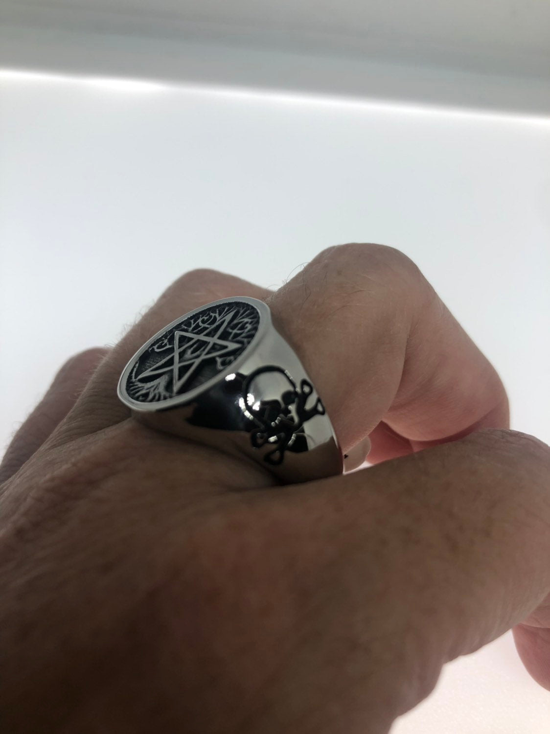 Vintage Gothic Silver Stainless Steel Pentacle Star Mens Ring