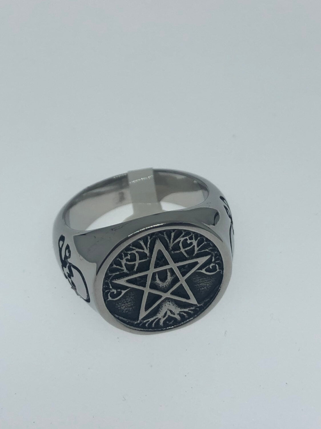 Vintage Gothic Silver Stainless Steel Pentacle Star Mens Ring