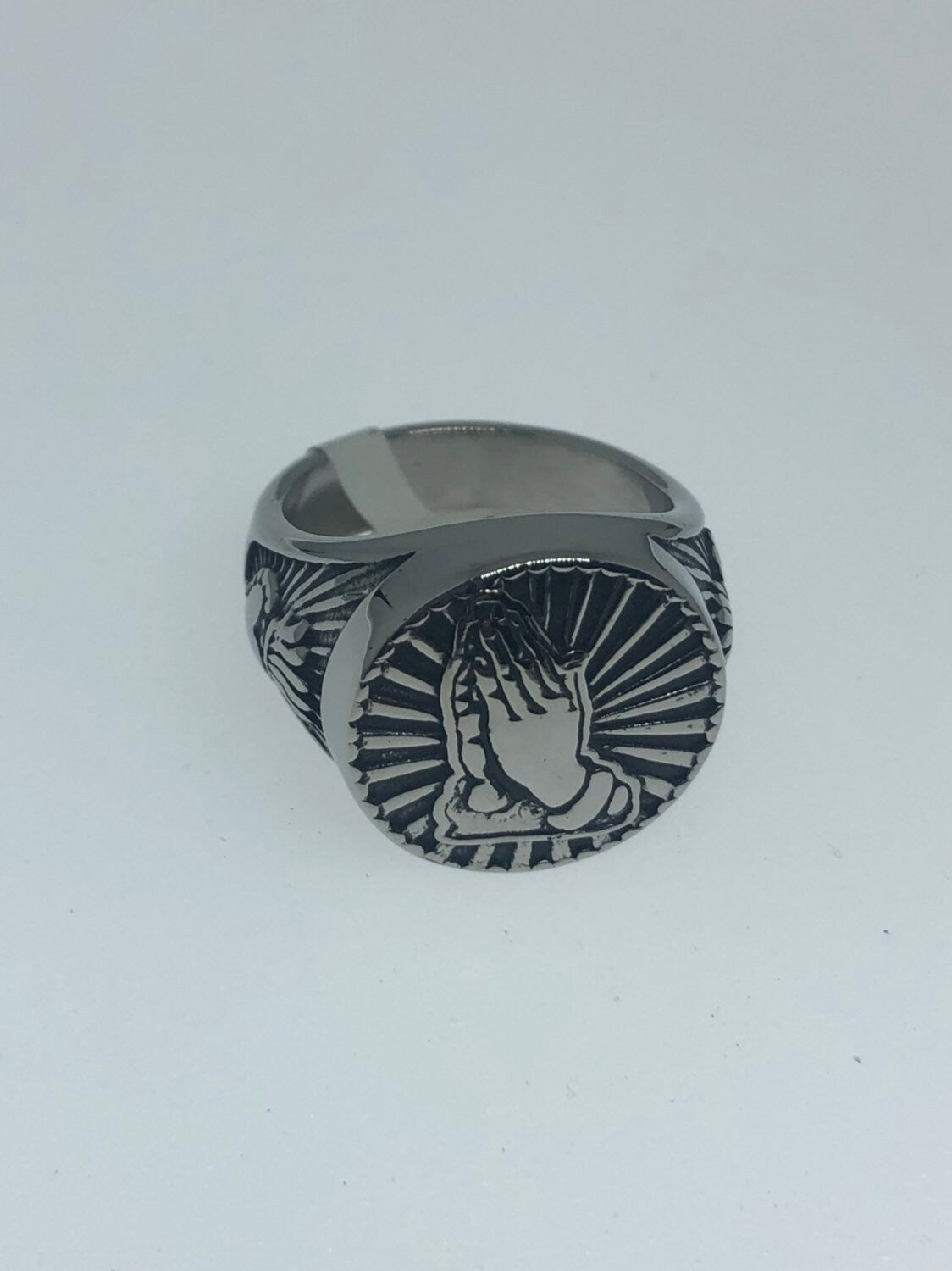 Vintage Gothic Silver Stainless Steel praying Hands sacred Heart Mens Ring
