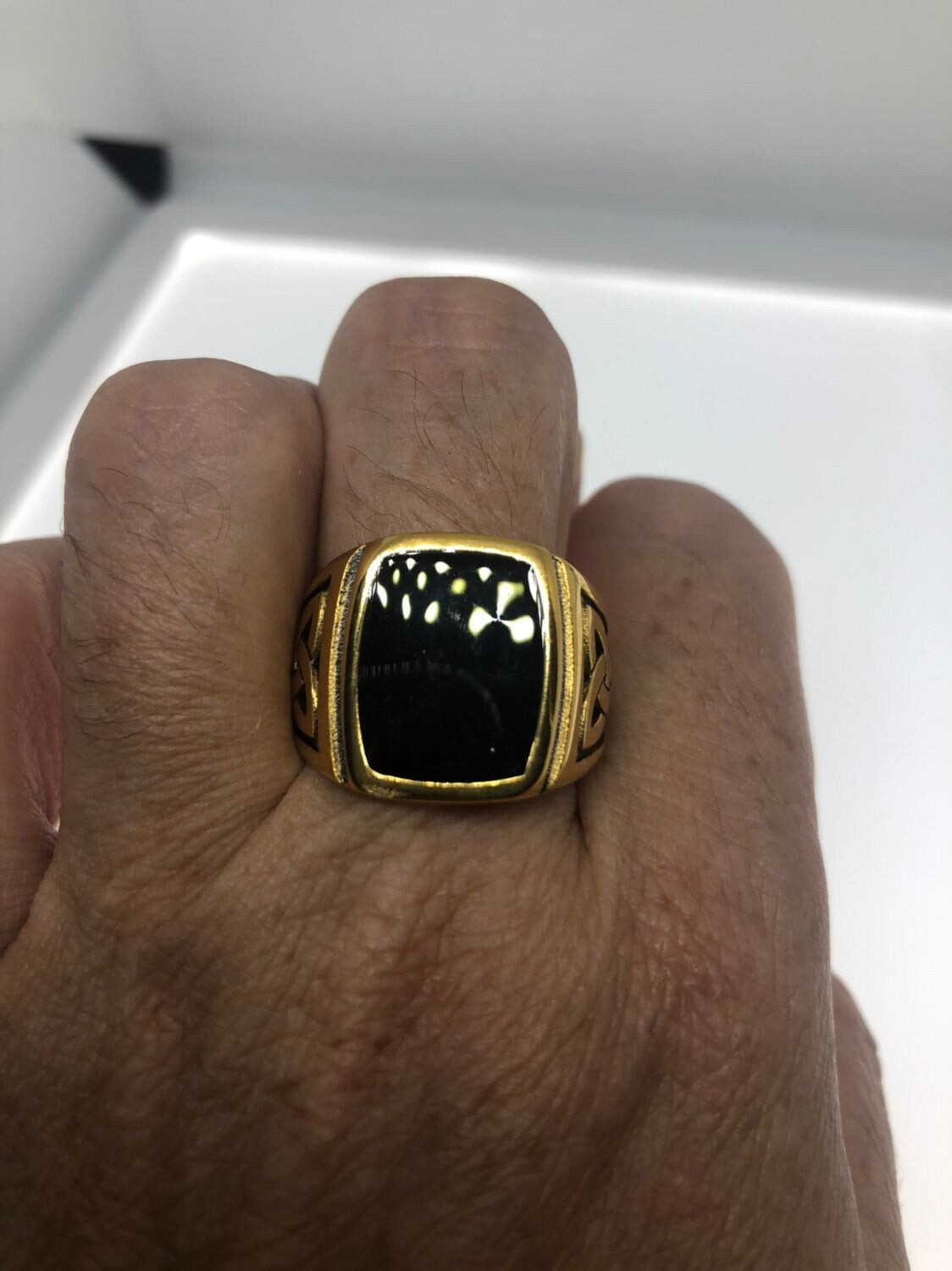 Vintage Celtic Black Onyx Golden Stainless Steel Mens Ring