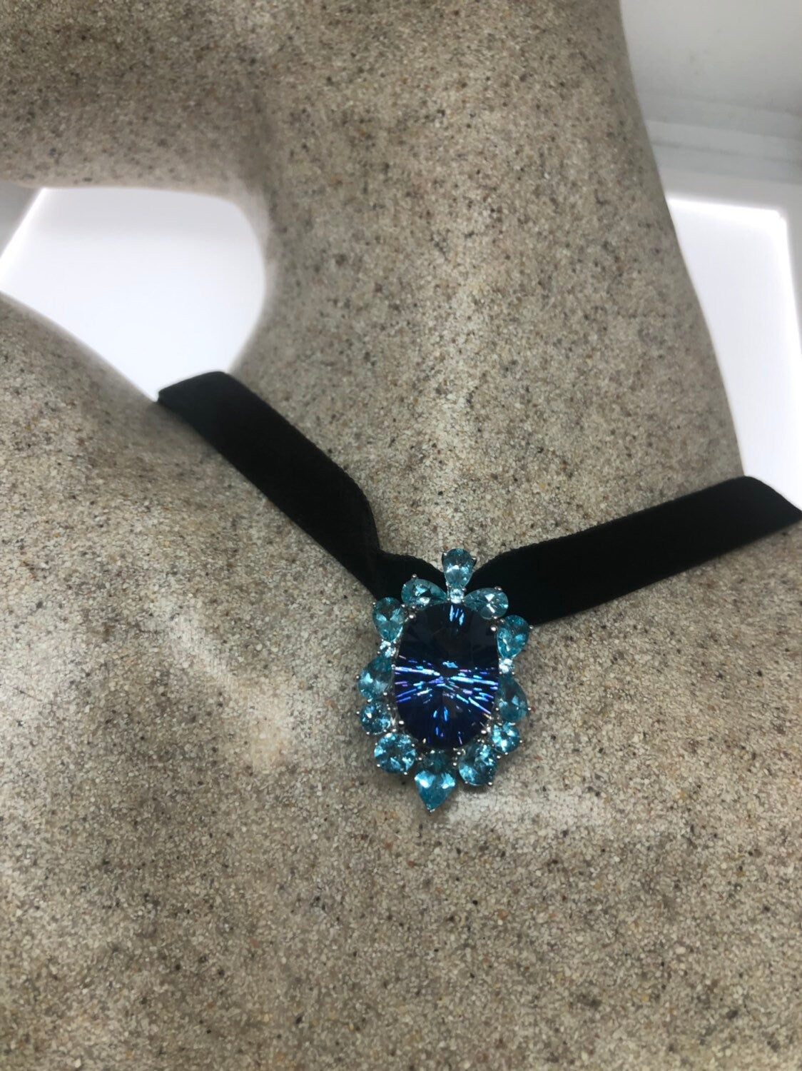 Vintage Genuine Deep Mystic Blue Topaz 925 Sterling Silver Necklace Pendant
