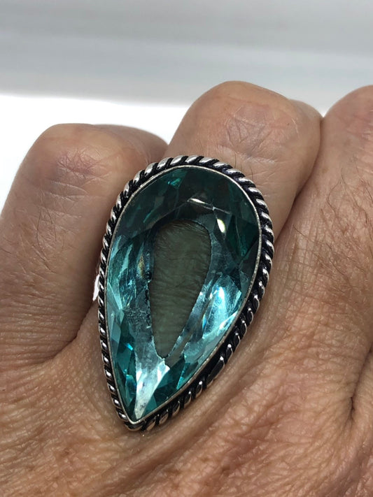 Vintage Aqua Vintage Art Glass Cocktail Ring Size 7
