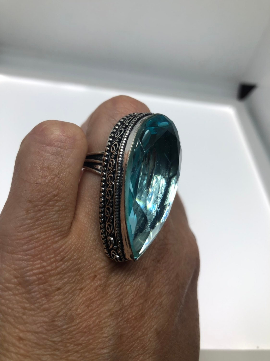 Vintage Aqua Vintage Art Glass Ring About 1.5 Inches Knuckle Ring