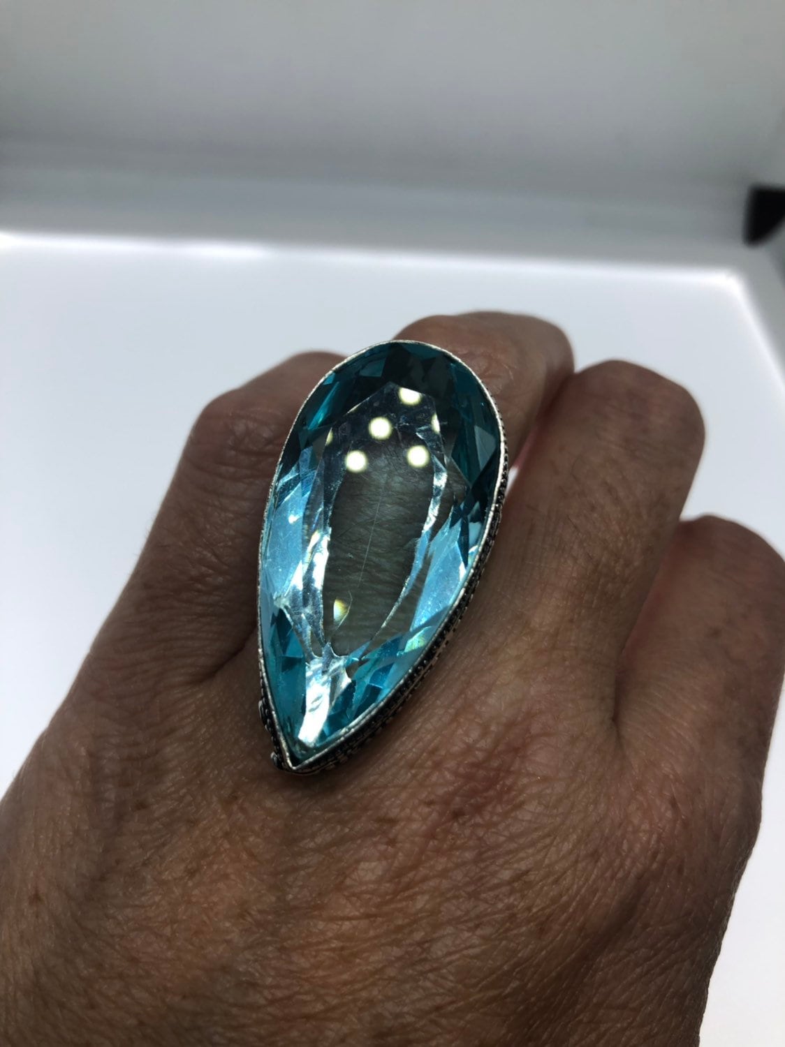 Vintage Aqua Vintage Art Glass Ring About 1.5 Inches Knuckle Ring