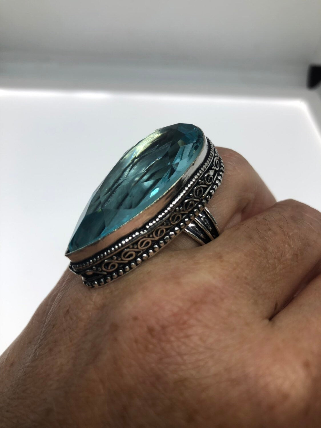 Vintage Aqua Vintage Art Glass Ring About 1.5 Inches Knuckle Ring