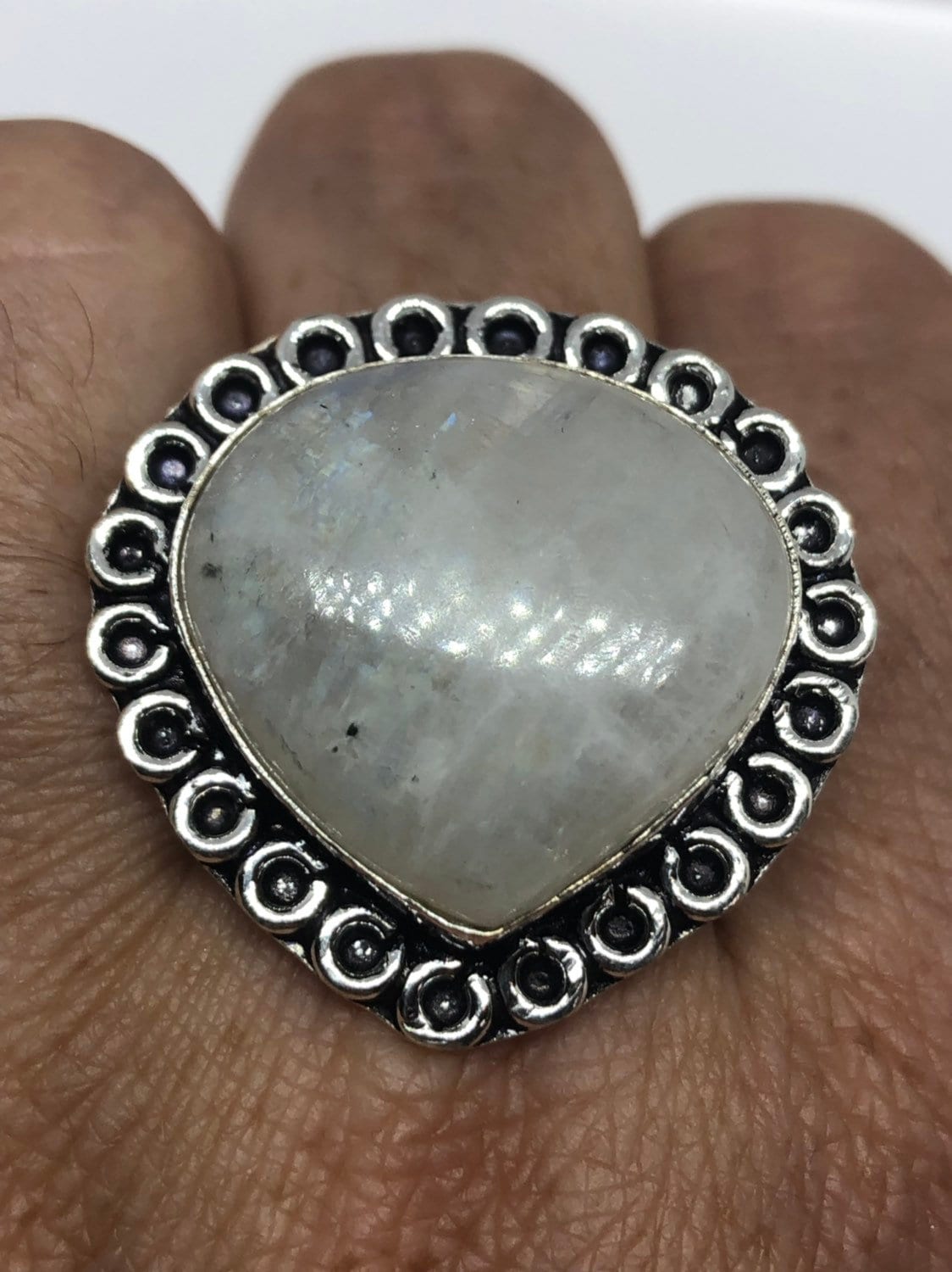 Vintage Large Blue White Rainbow Moonstone Stone Silver Ring