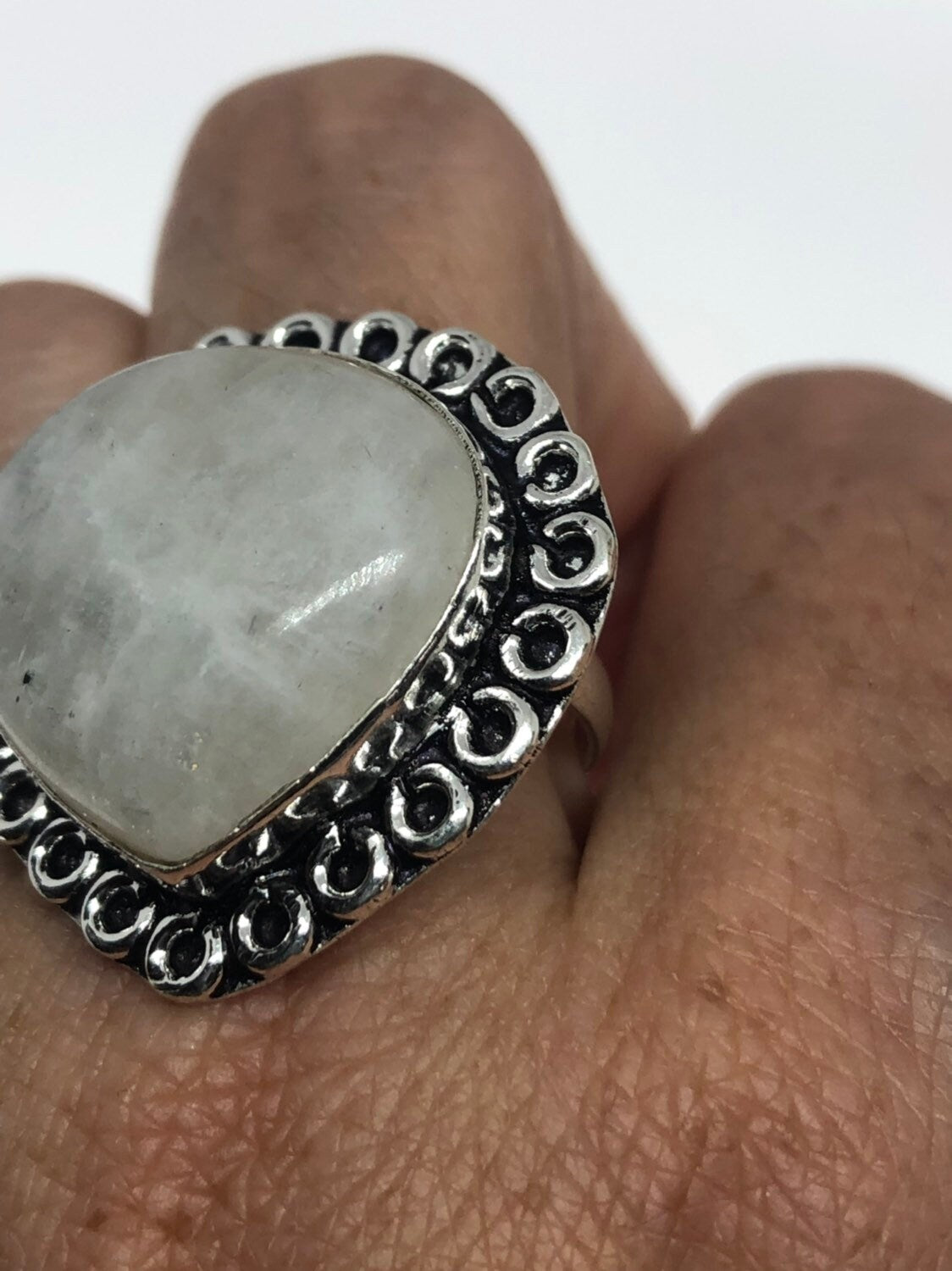 Vintage Large Blue White Rainbow Moonstone Stone Silver Ring