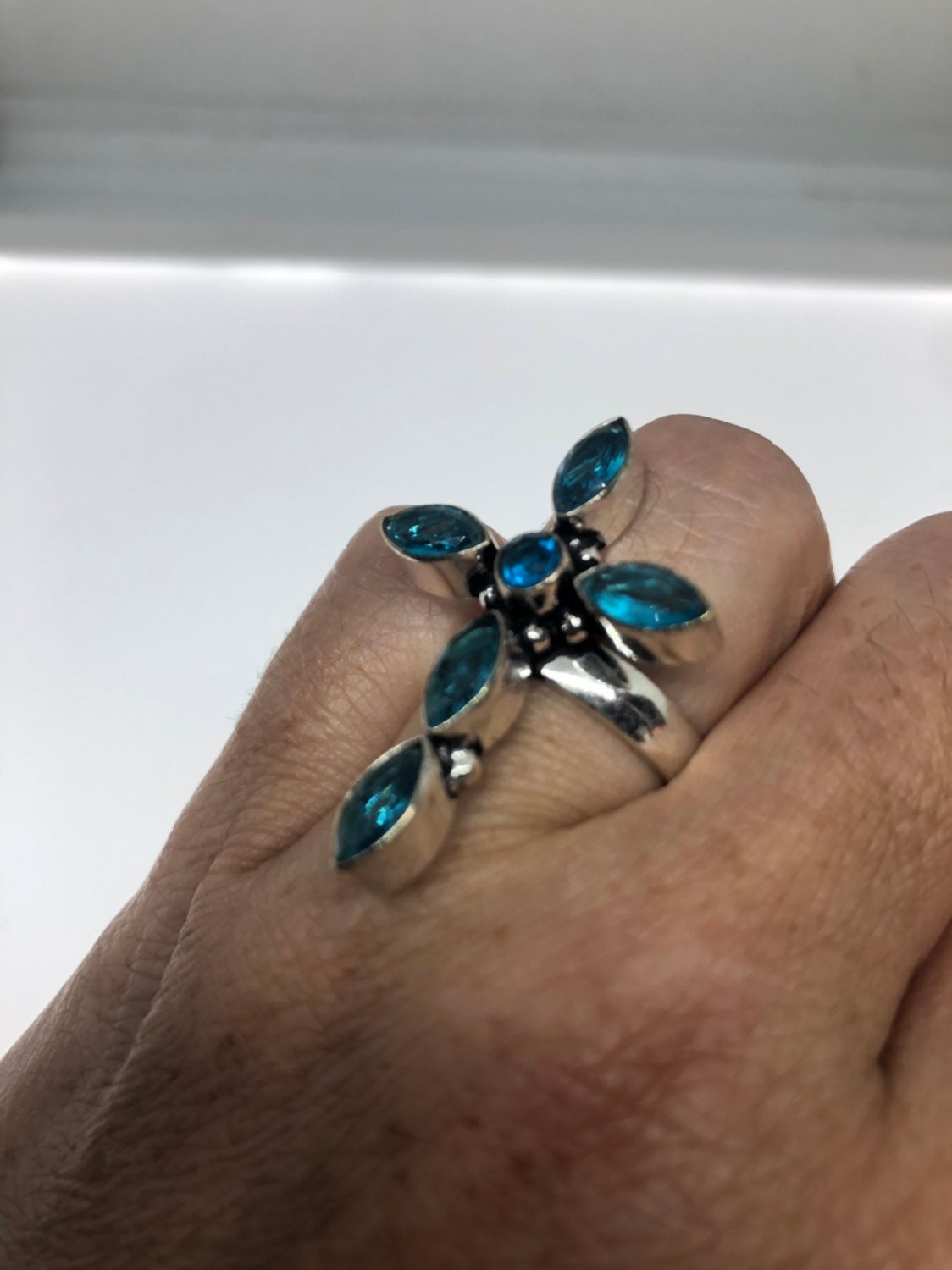 Vintage Genuine Blue Topaz Cross Silver Ring