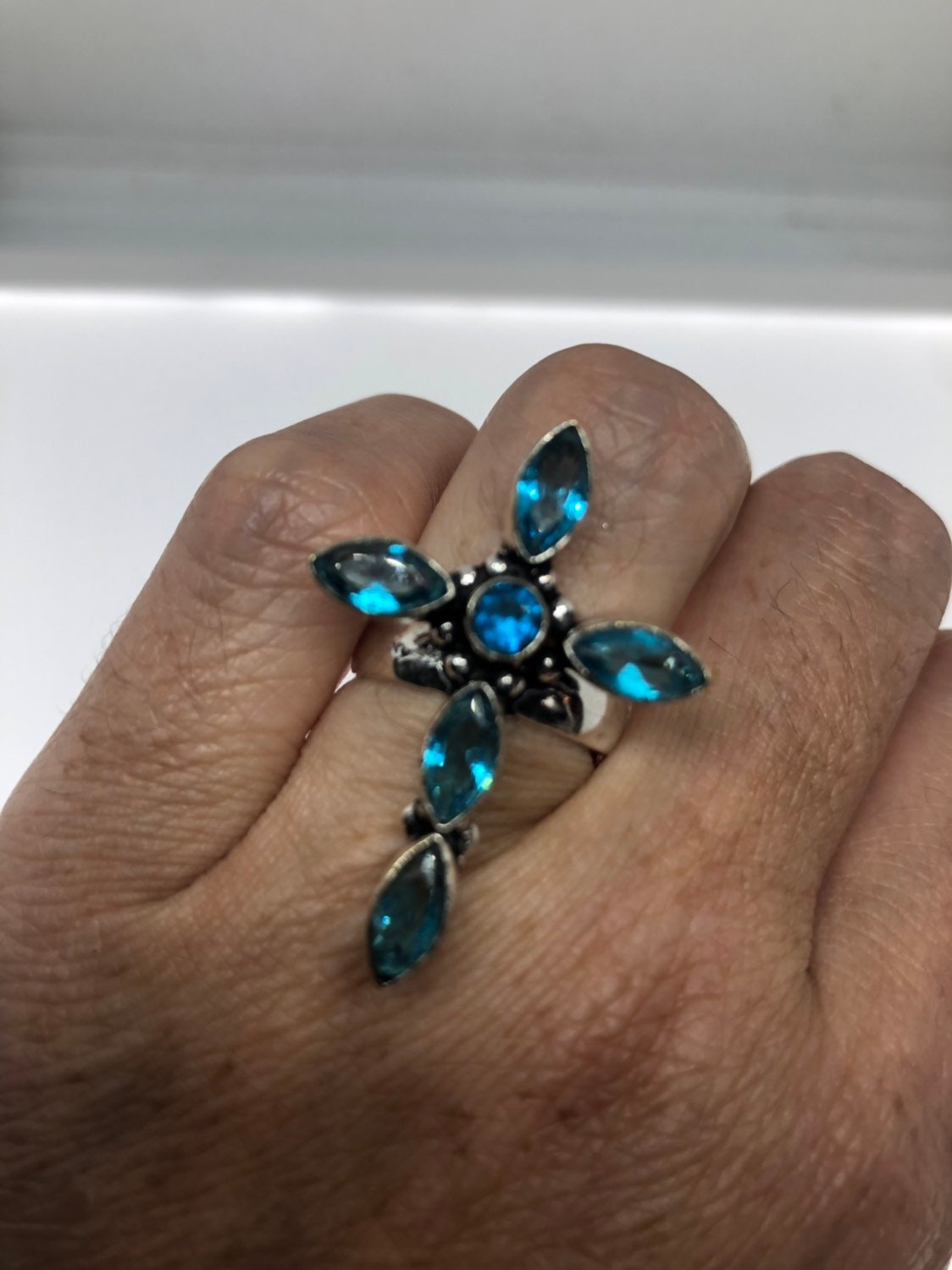 Vintage Genuine Blue Topaz Cross Silver Ring