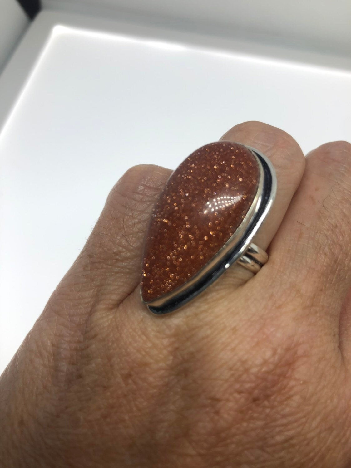 Vintage Handmade Deep Gold Sandstone Setting Silver Ring