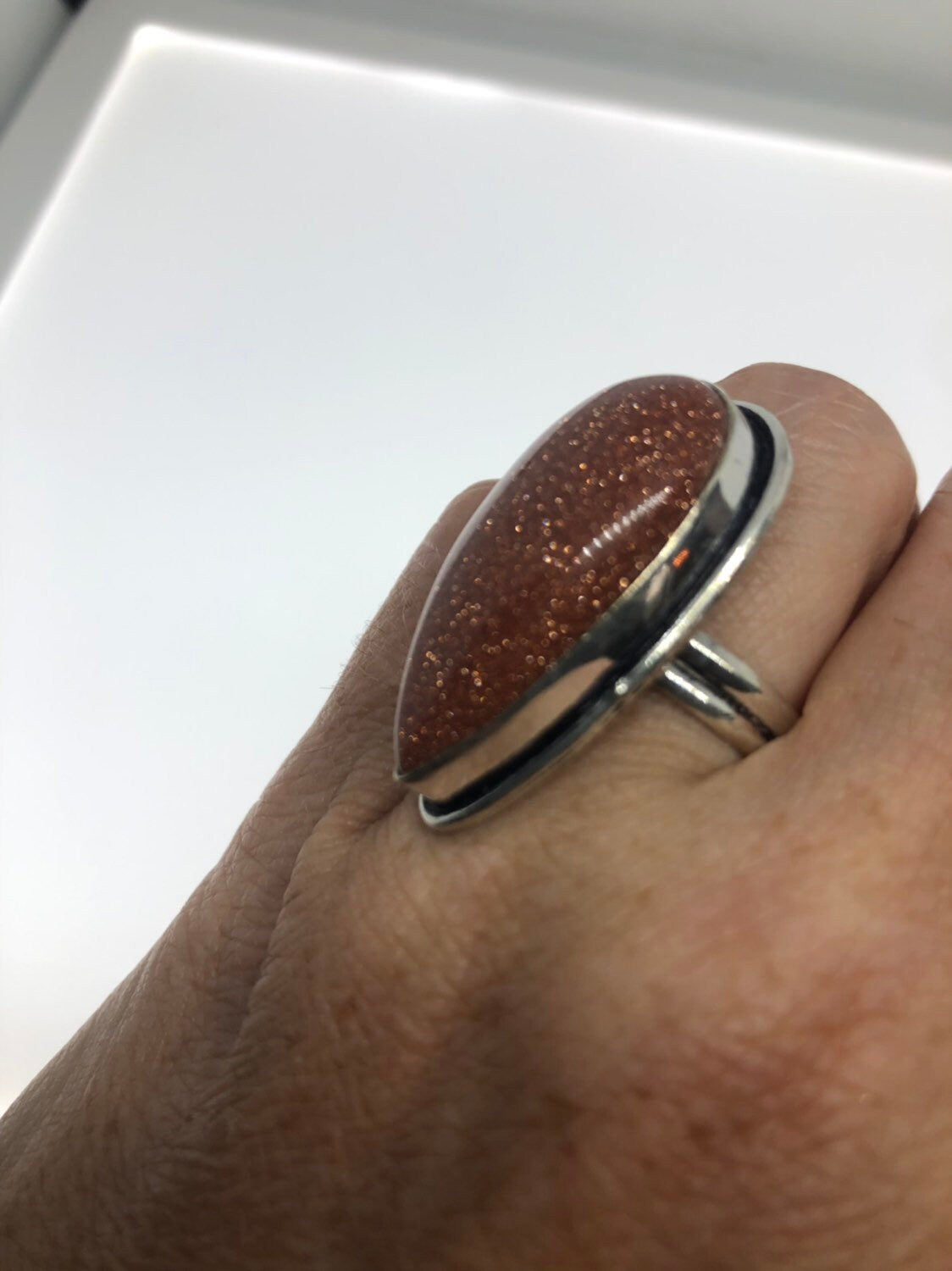 Vintage Handmade Deep Gold Sandstone Setting Silver Ring