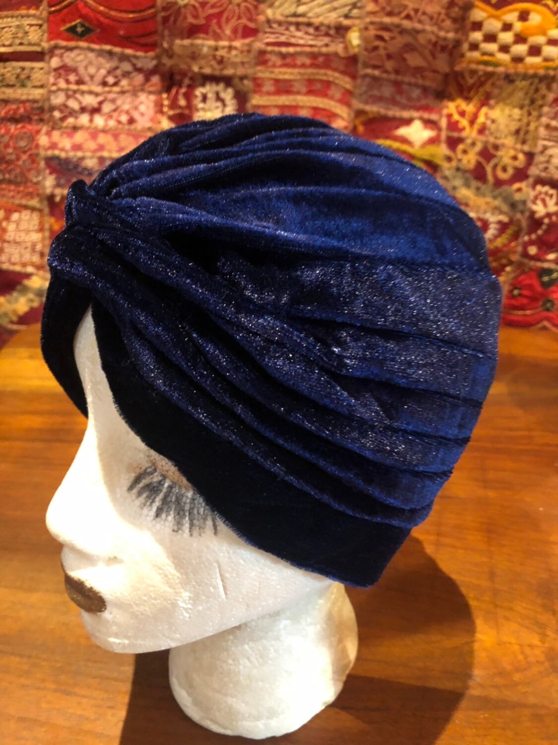 Vintage Blue Stretch Velvet Deco Turban Hat
