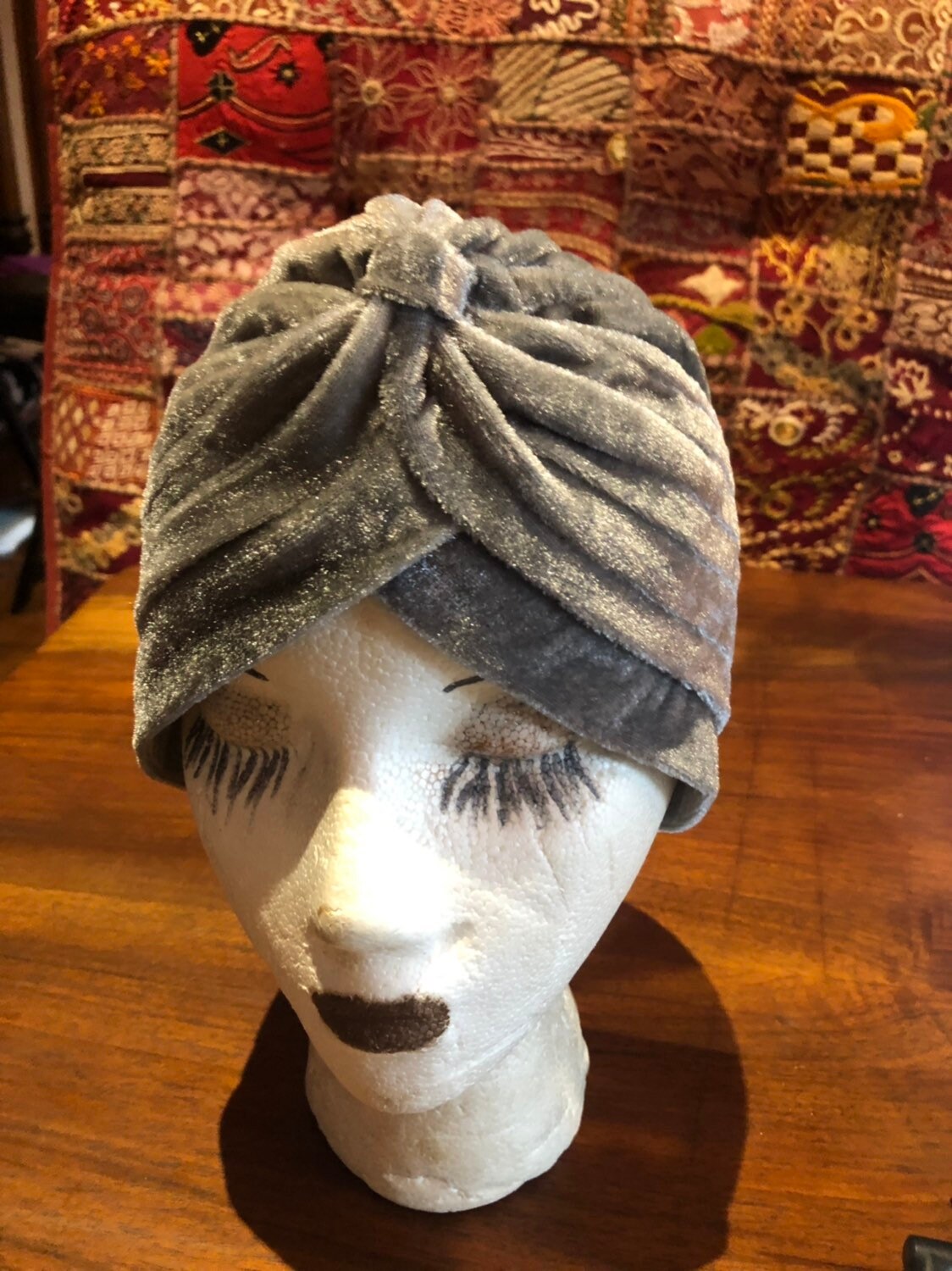 Vintage Gray Stretch Velvet Deco Turban Hat