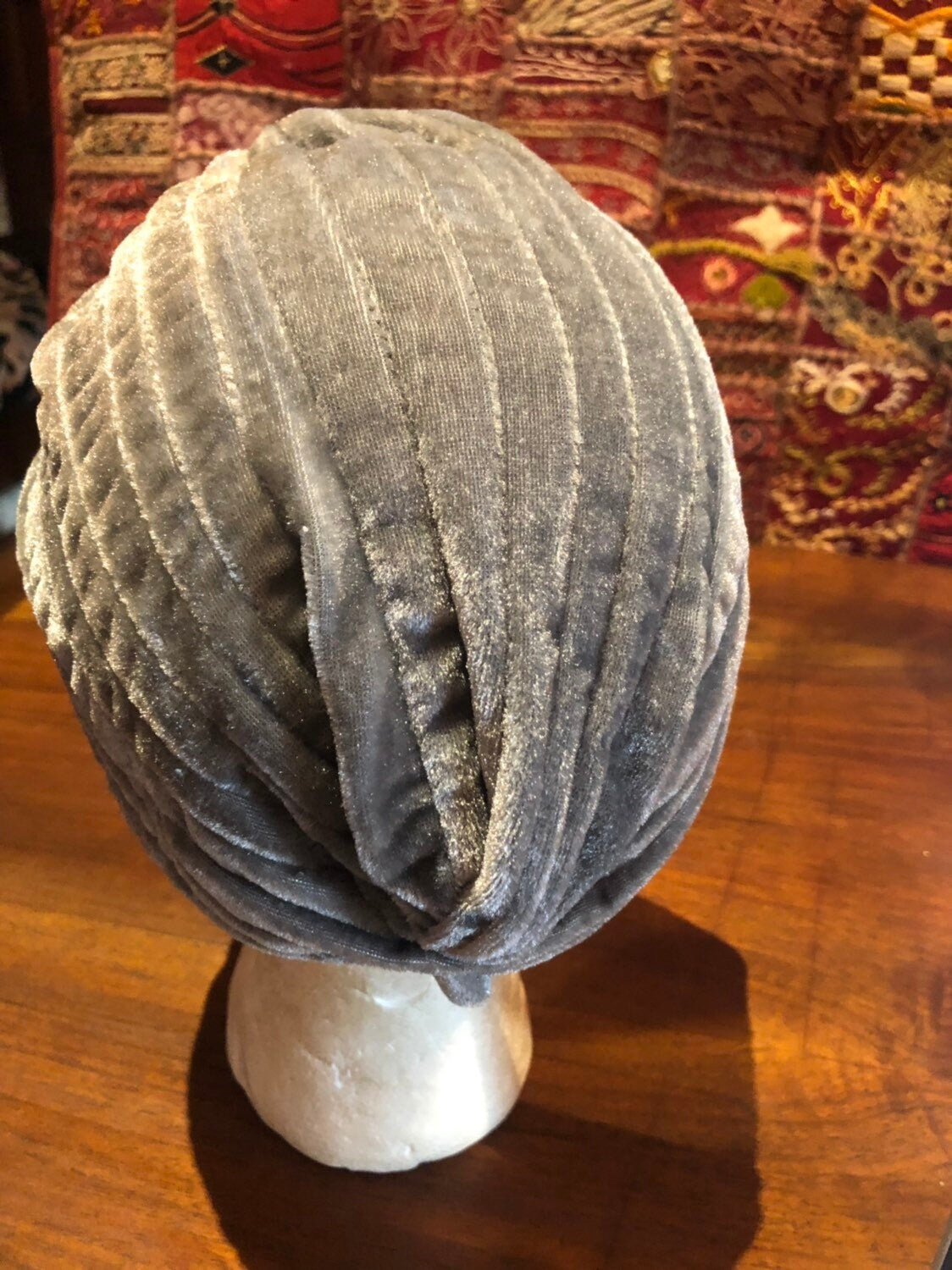 Vintage Gray Stretch Velvet Deco Turban Hat