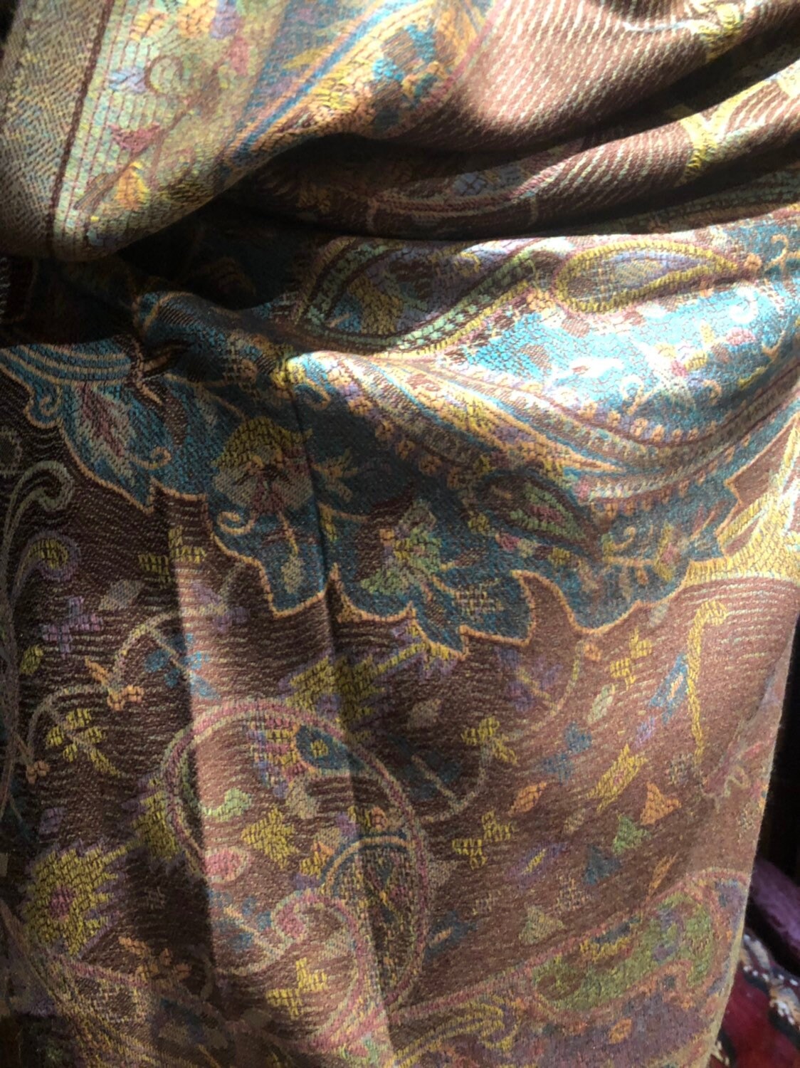 Brown Blue Vintage Paisley Brocade Pashmina Scarf Wrap Shawl