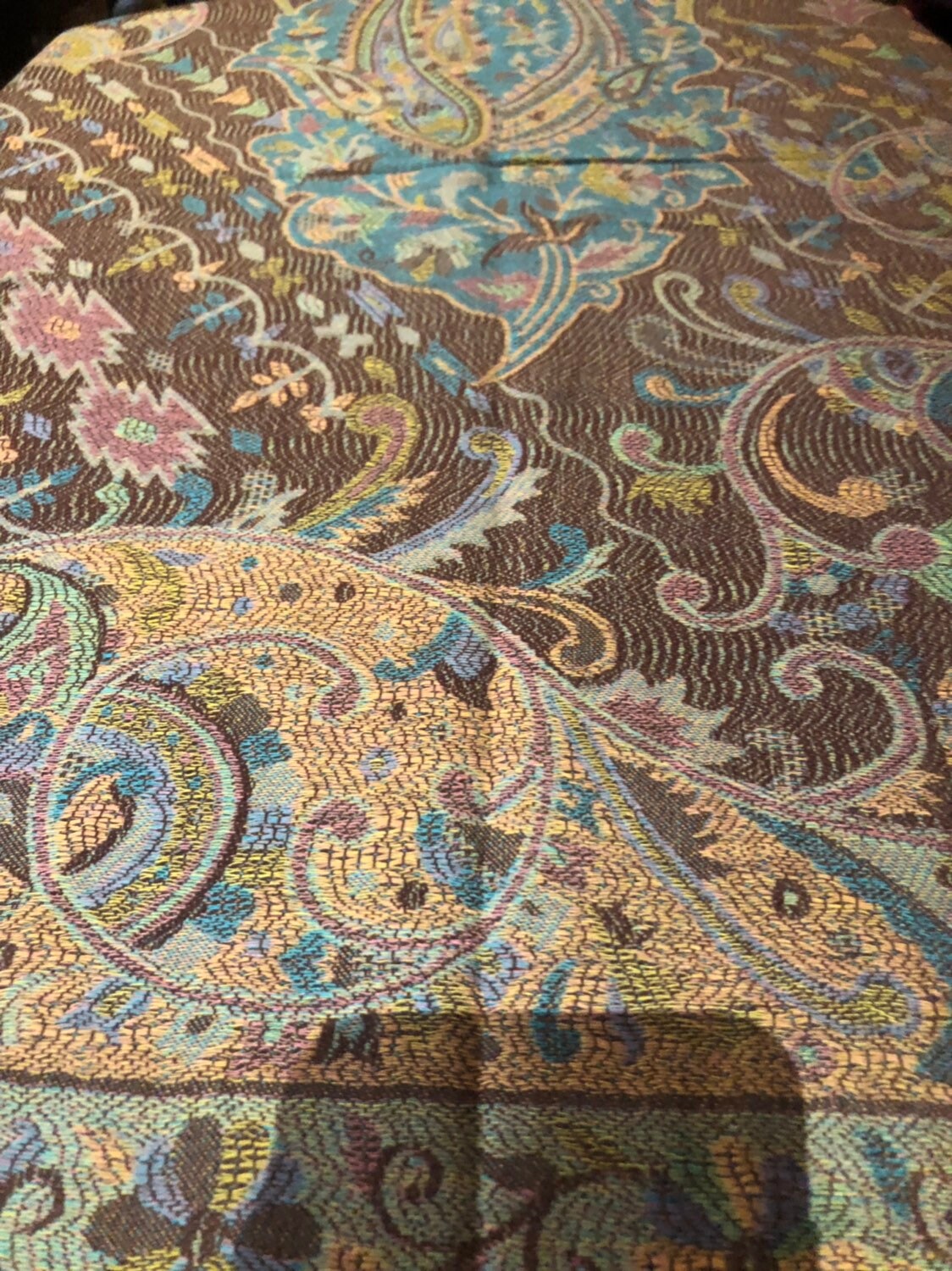 Brown Blue Vintage Paisley Brocade Pashmina Scarf Wrap Shawl