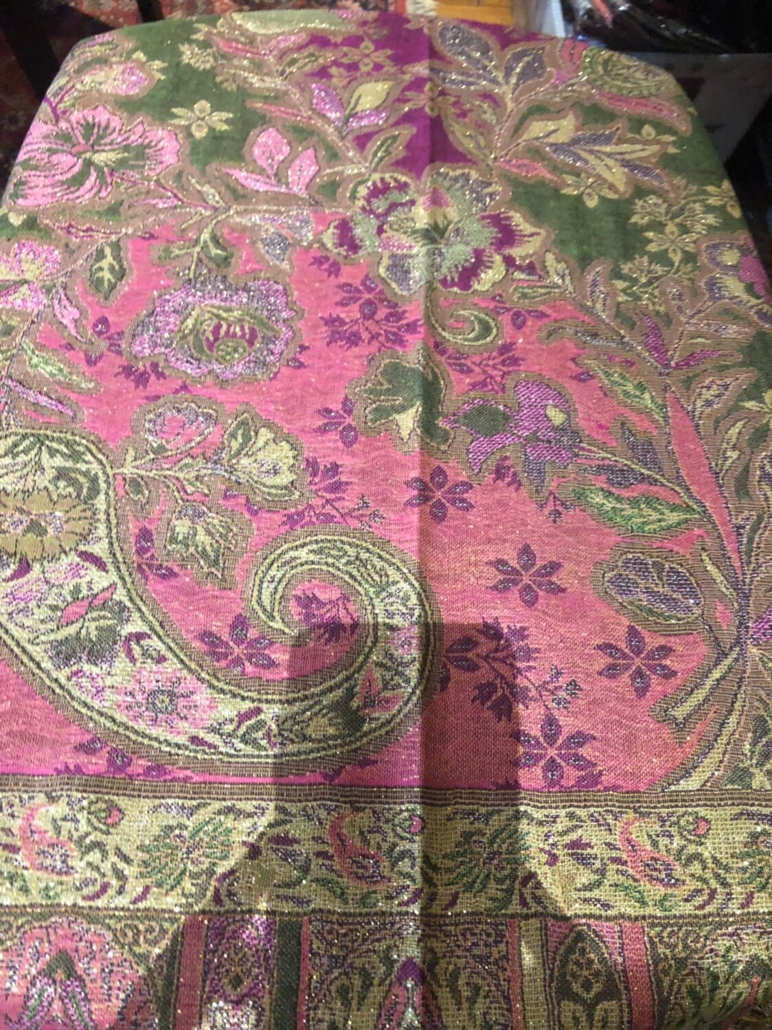 Vintage Green Pink Paisley Brocade Pashmina Scarf Wrap