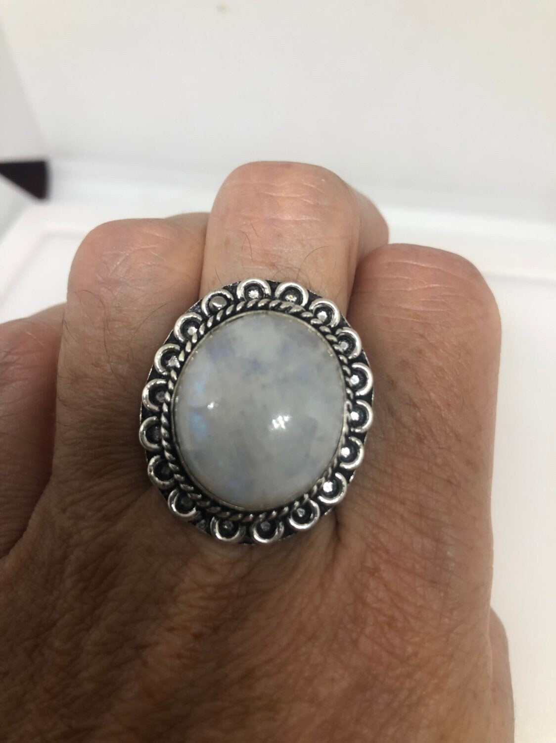 Vintage Genuine Blue White Rainbow Moonstone Ring