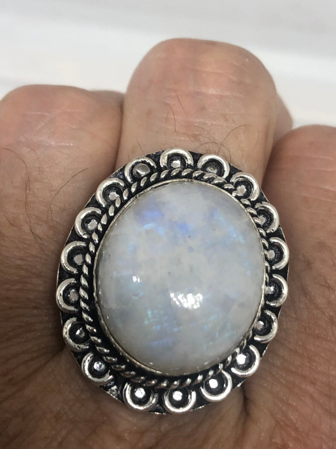 Vintage Genuine Blue White Rainbow Moonstone Ring