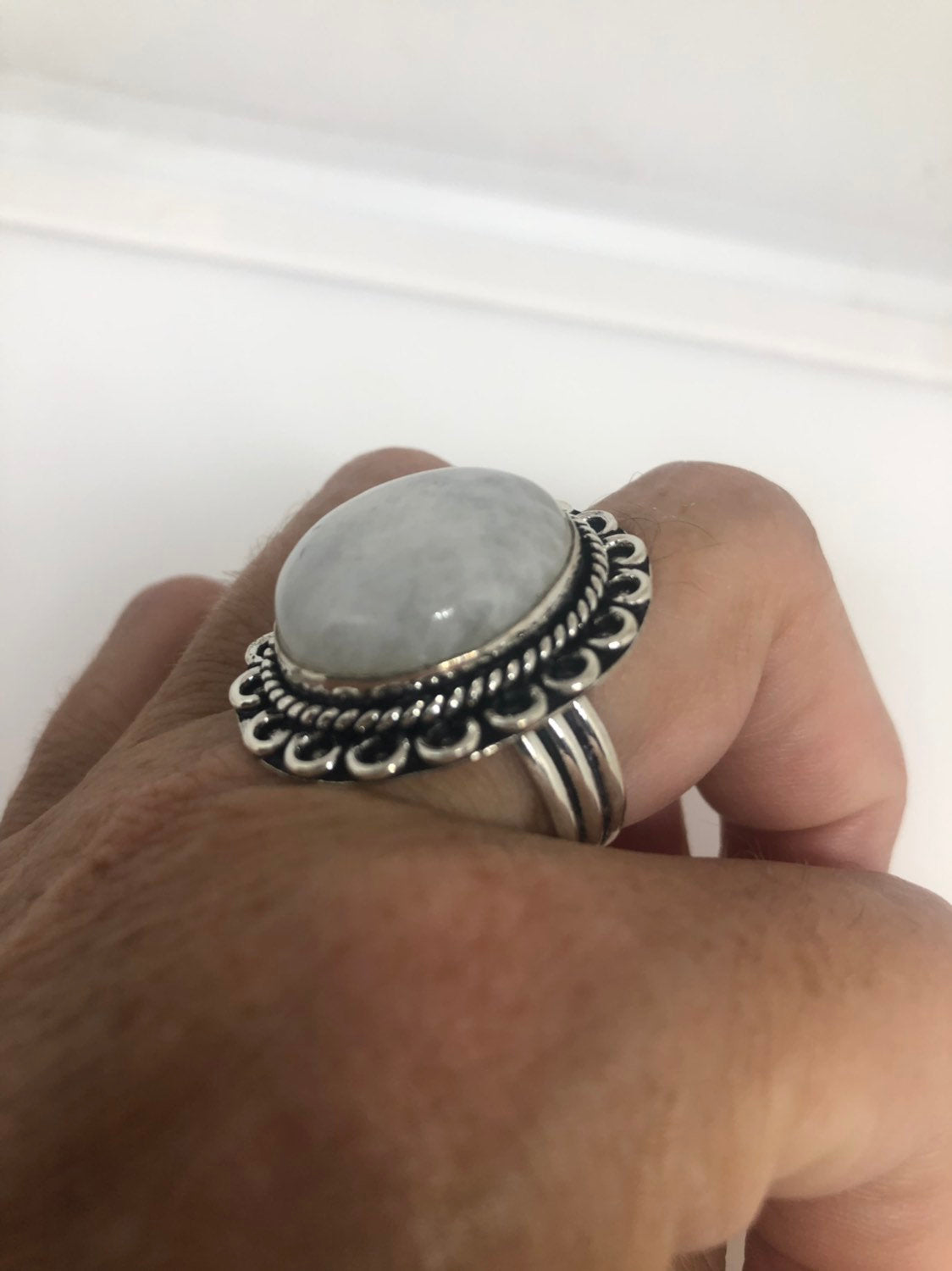 Vintage Genuine Blue White Rainbow Moonstone Ring