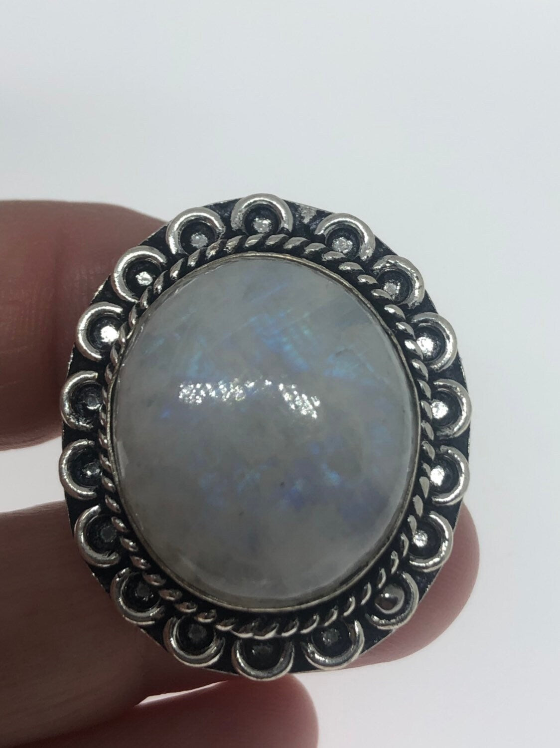 Vintage Genuine Blue White Rainbow Moonstone Ring