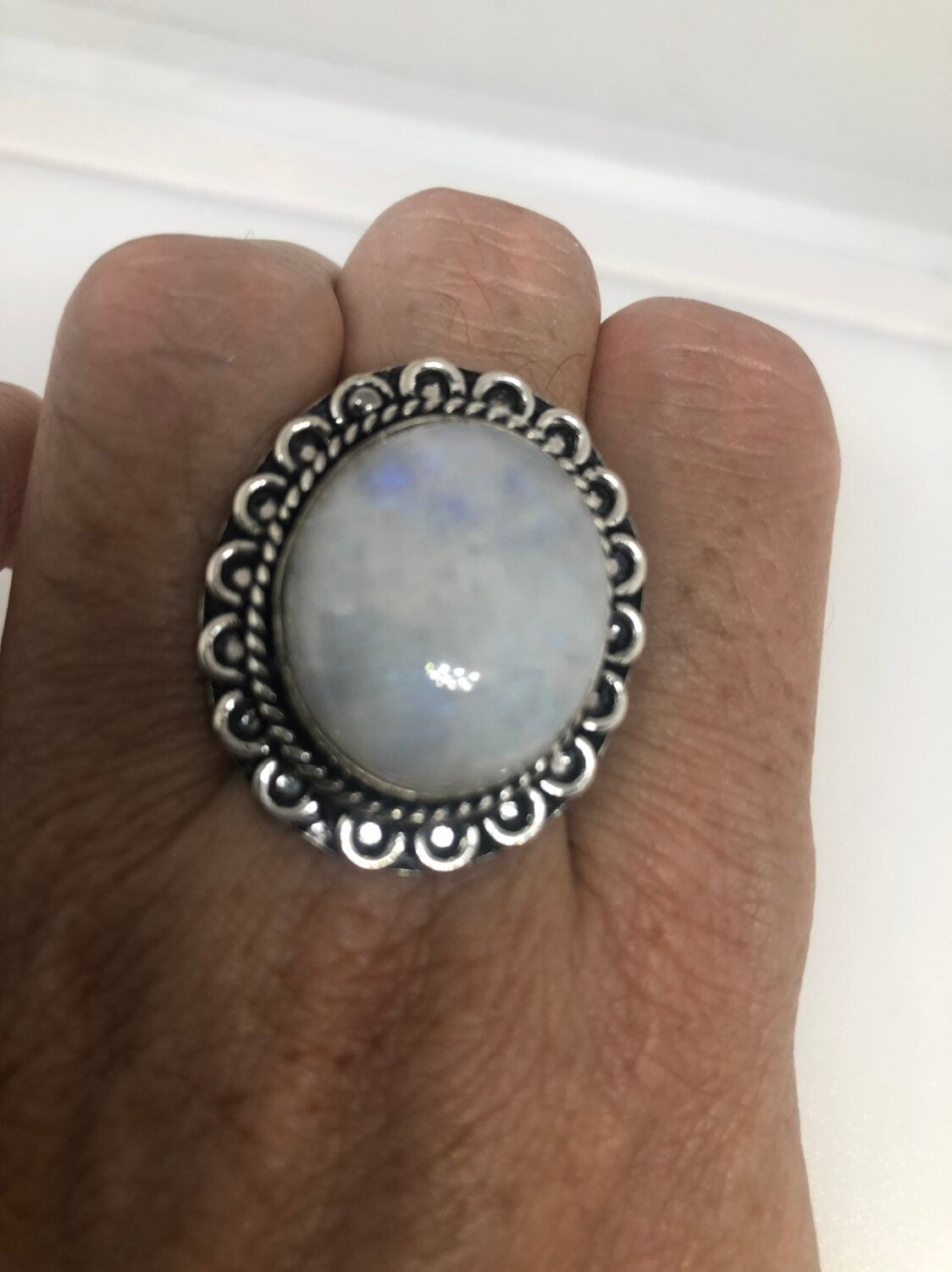 Vintage Genuine Blue White Rainbow Moonstone Ring