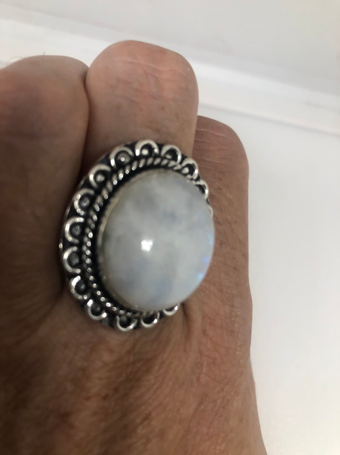 Vintage Genuine Blue White Rainbow Moonstone Ring