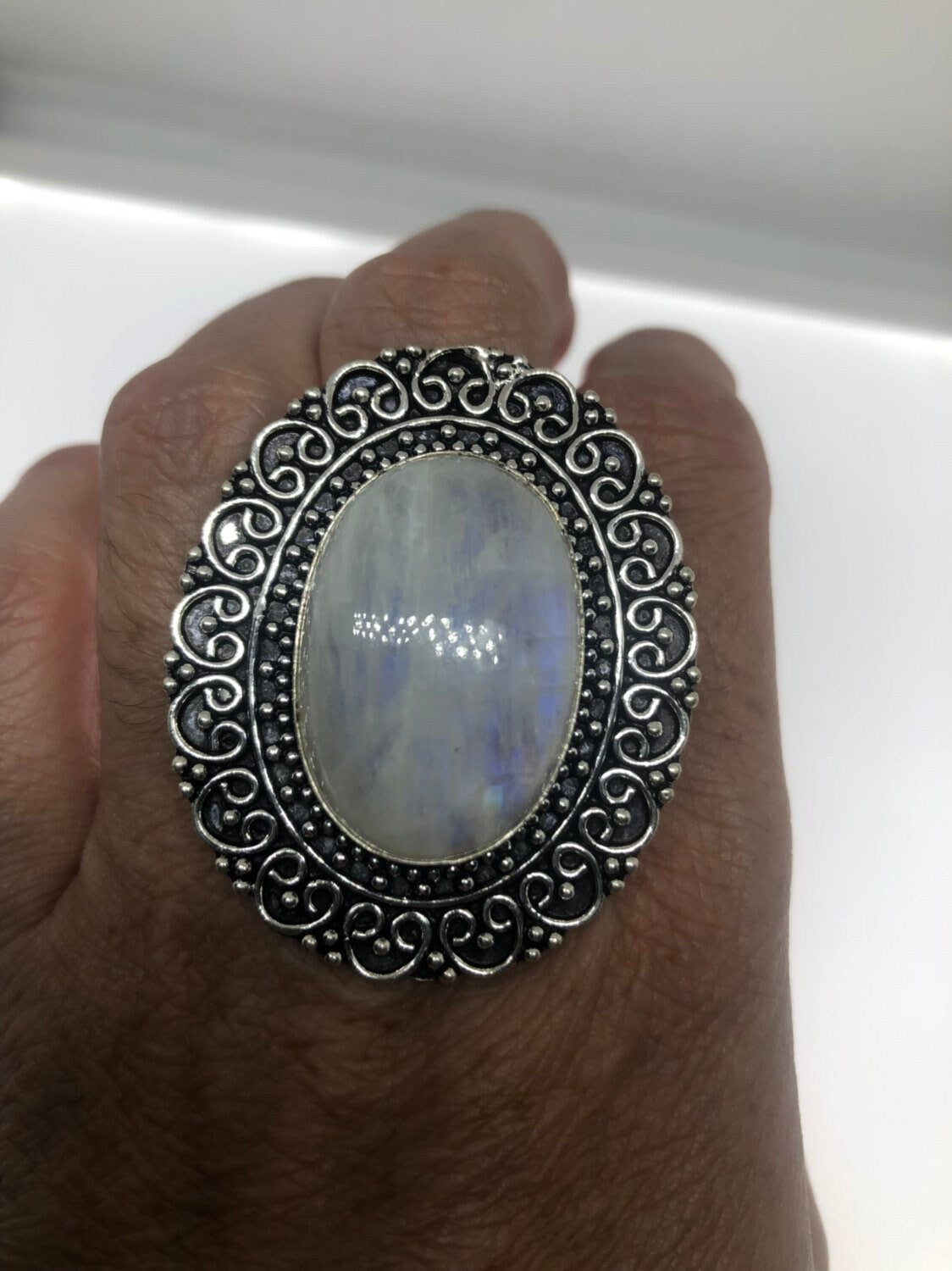 Vintage Genuine Blue White Rainbow Moonstone Ring