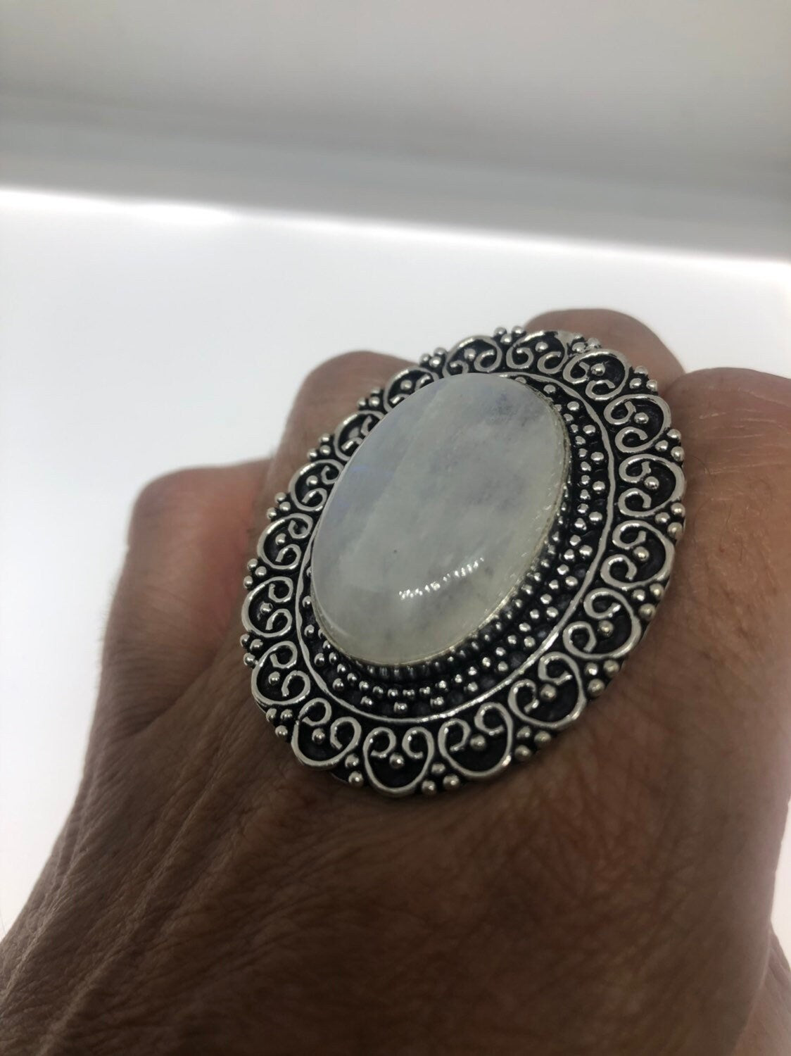 Vintage Genuine Blue White Rainbow Moonstone Ring