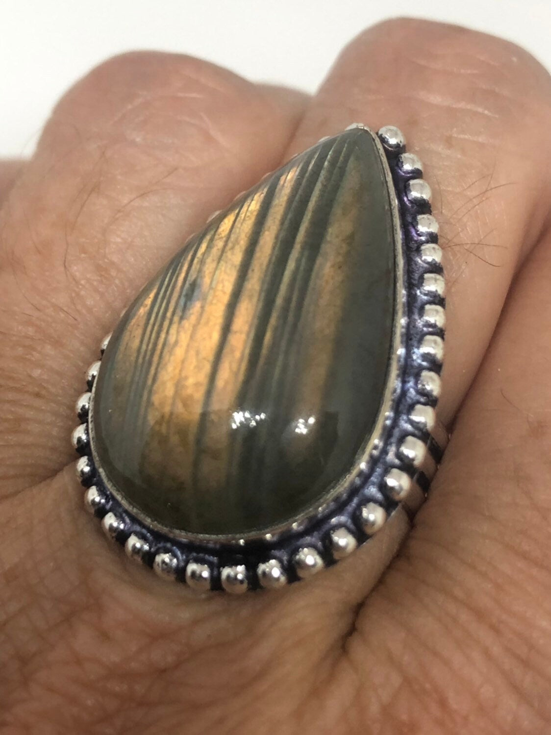 Vintage Blue Green Labradorite Stone Silver Ring