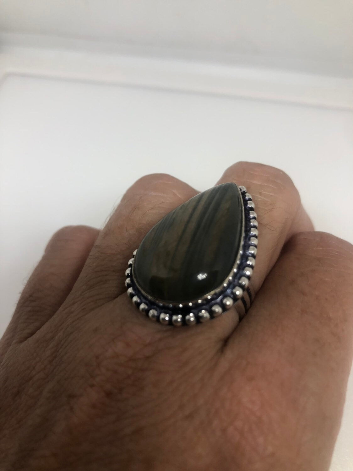 Vintage Blue Green Labradorite Stone Silver Ring