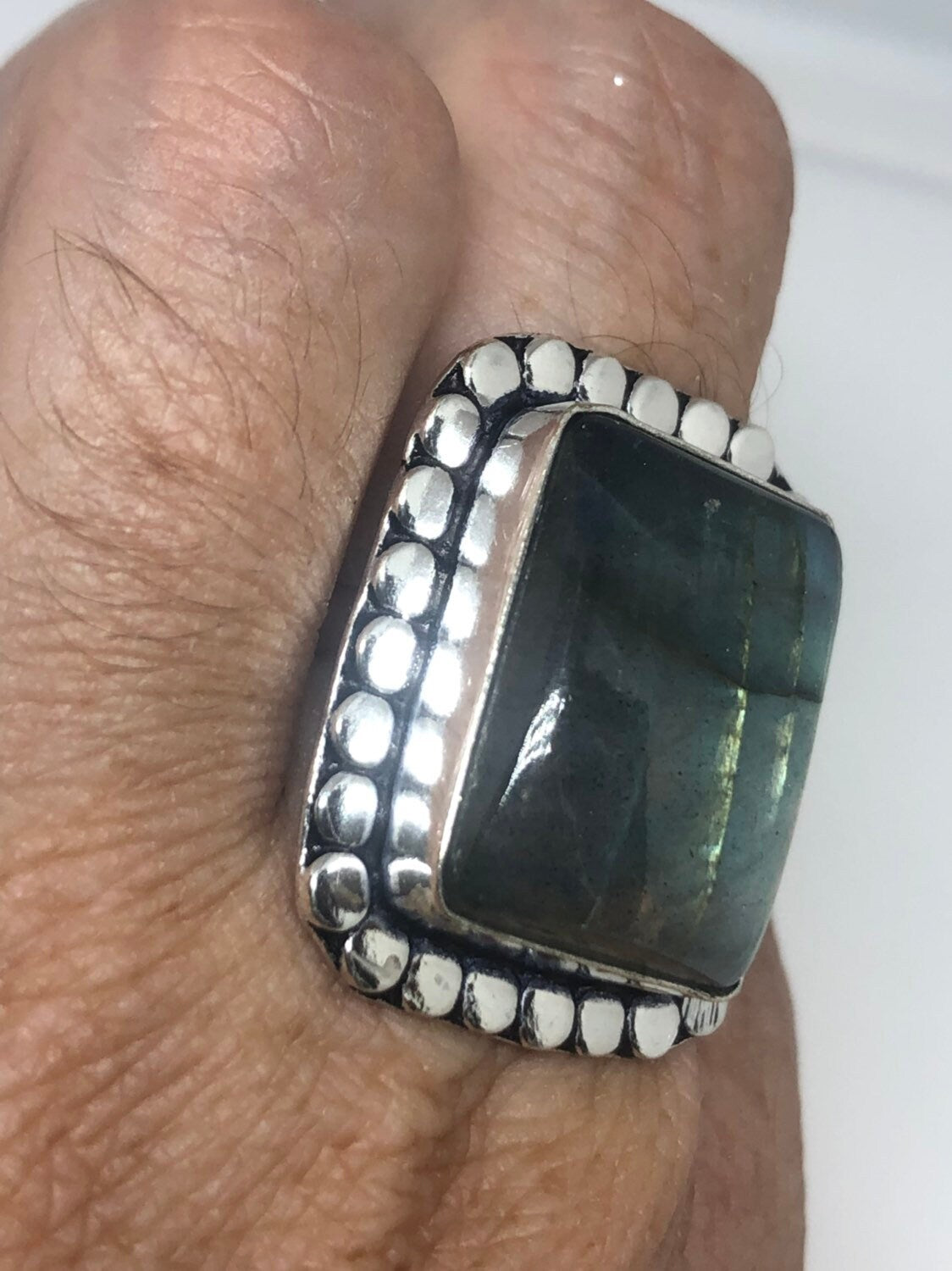 Vintage Blue Green Labradorite Stone Silver Ring Size 7.75