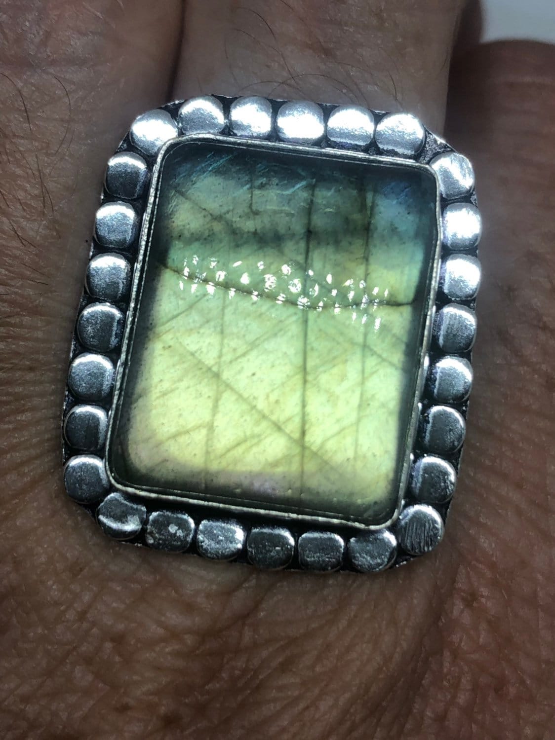 Vintage Blue Green Labradorite Stone Silver Ring Size 7.75