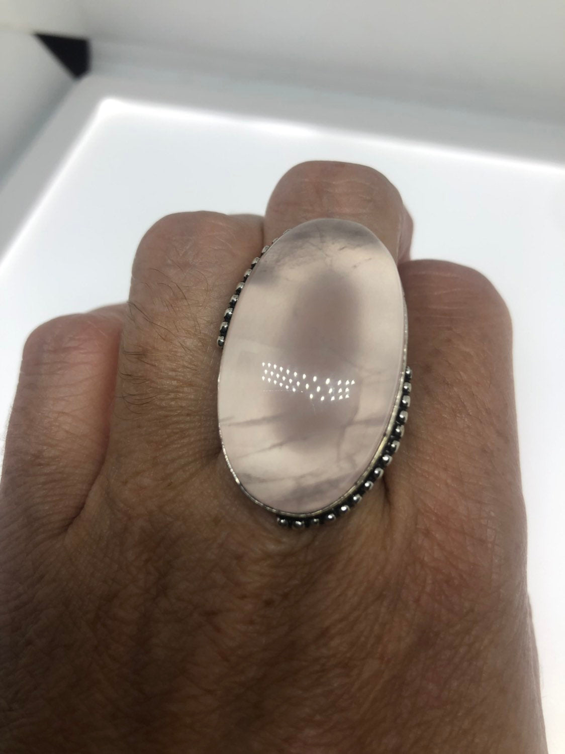 Vintage Rose Quartz Silver Cocktail Ring